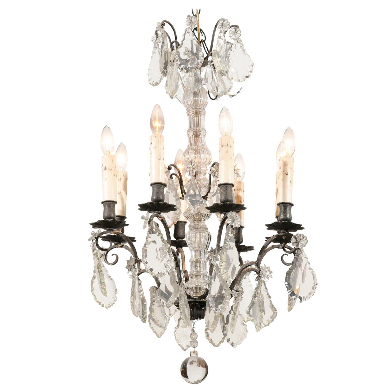 French Eight Arms Crystal Chandelier with Metal Armature from the 19th Century