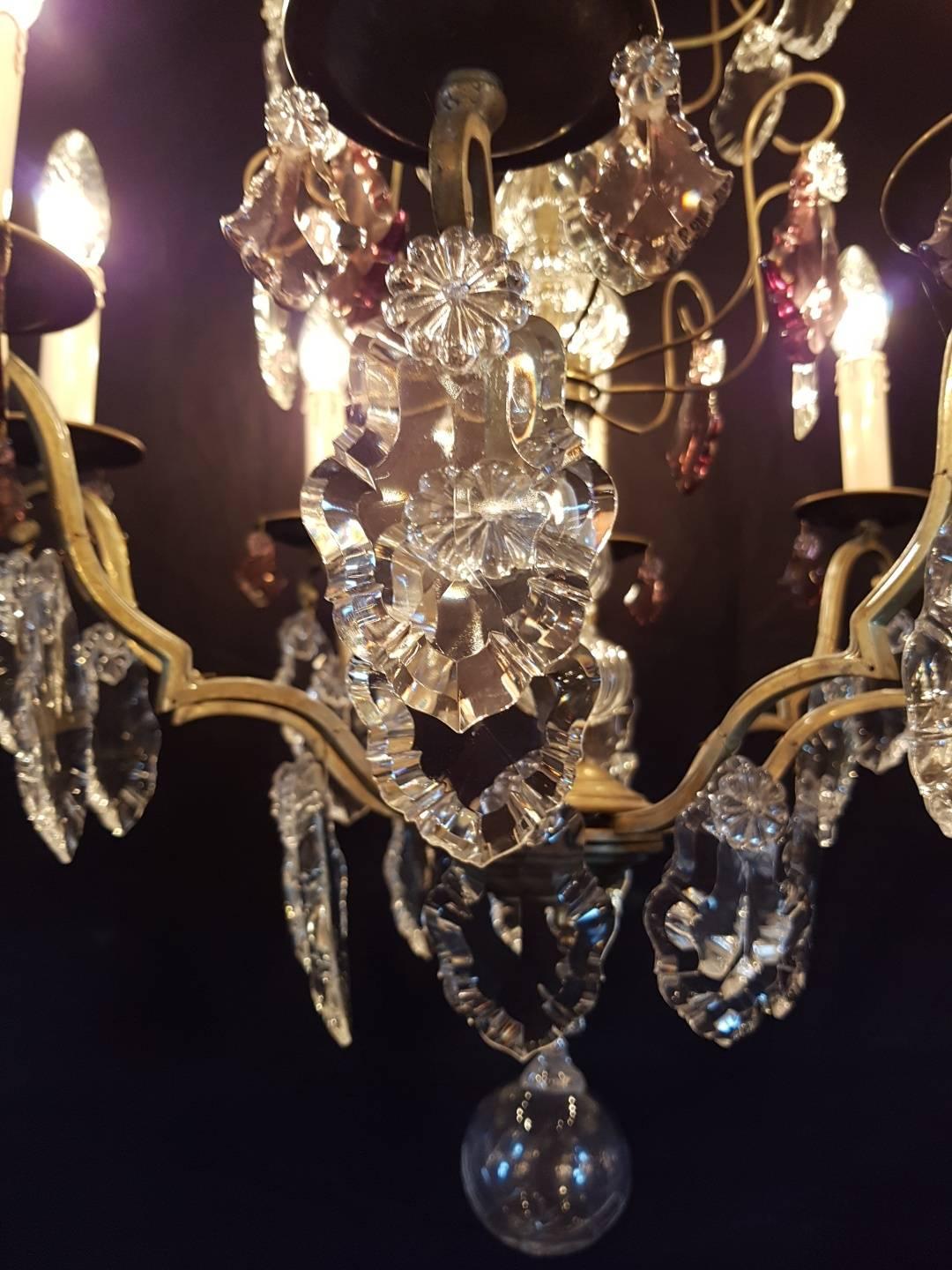 French Eight-Light Chandelier with Purple Crystals For Sale 4