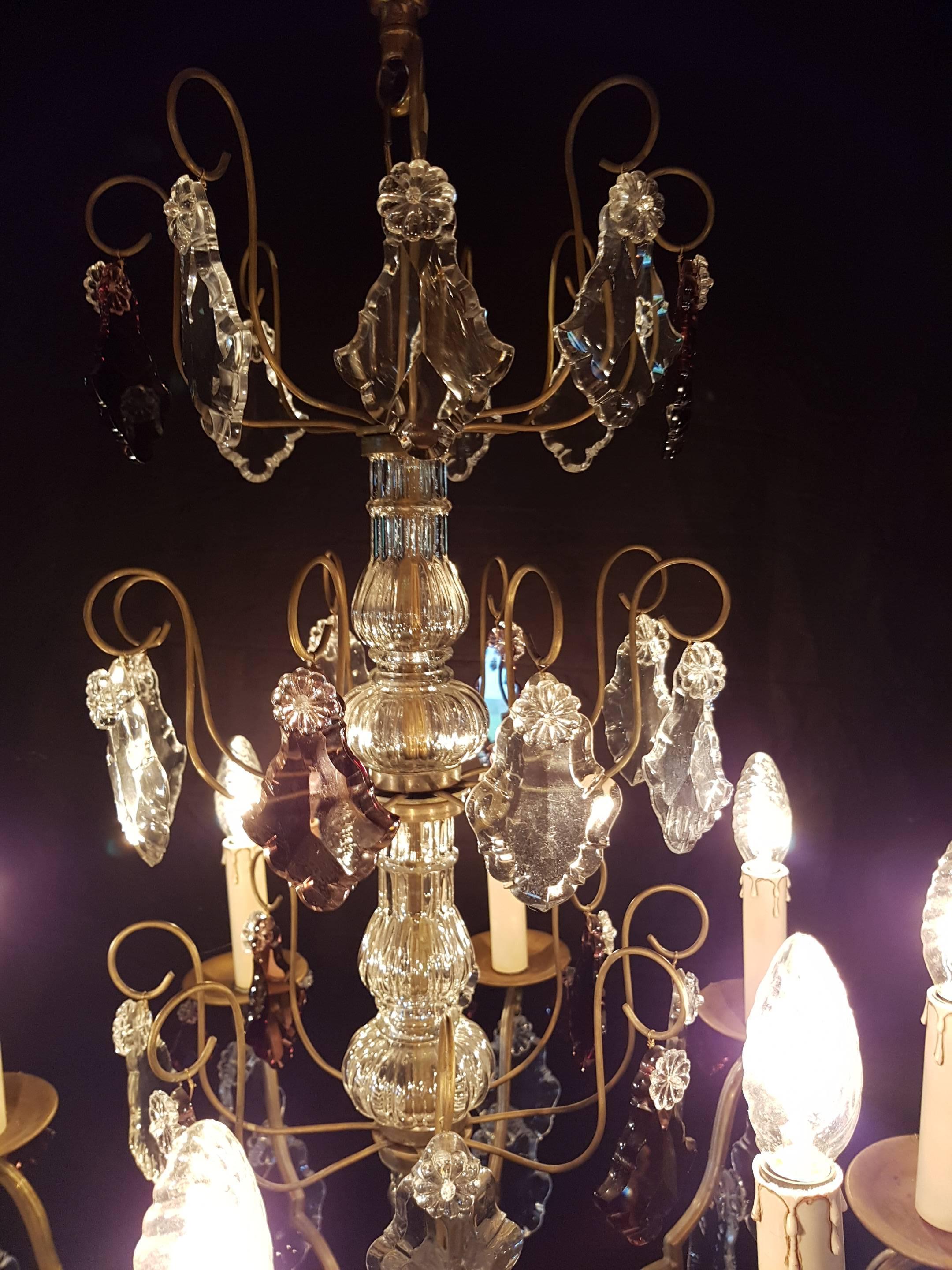 Mid-20th Century French Eight-Light Chandelier with Purple Crystals For Sale