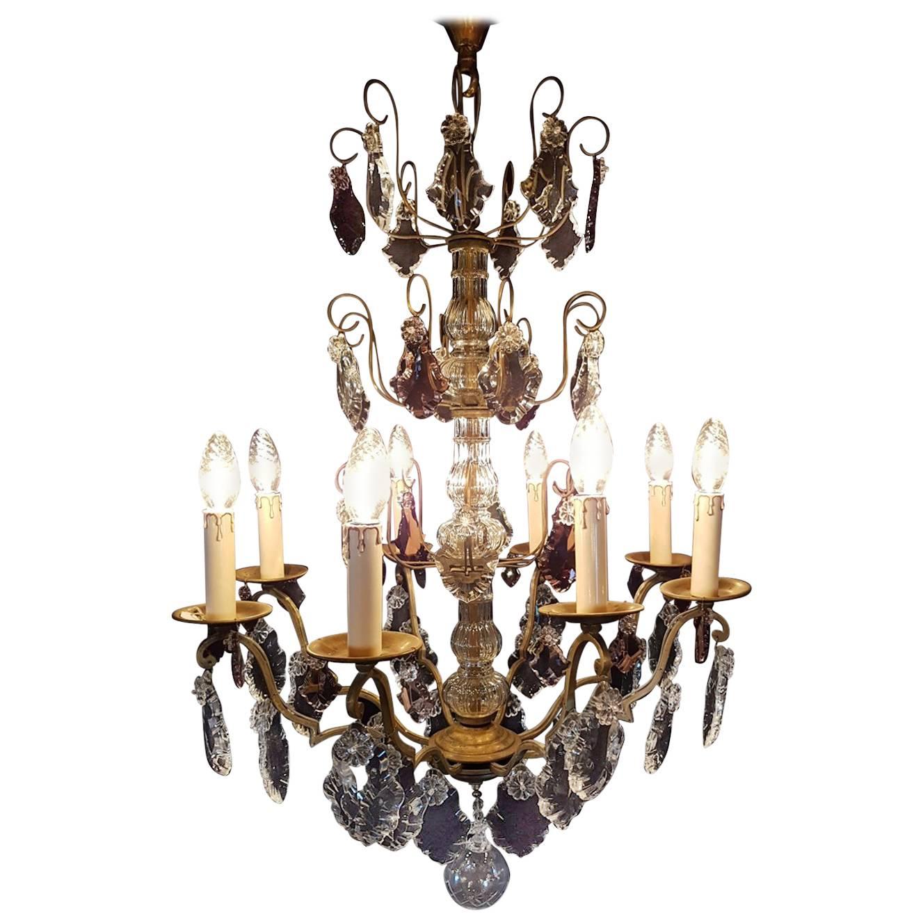 French Eight-Light Chandelier with Purple Crystals For Sale