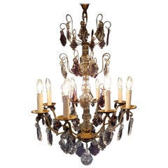 Vintage French Eight-Light Chandelier with Purple Crystals