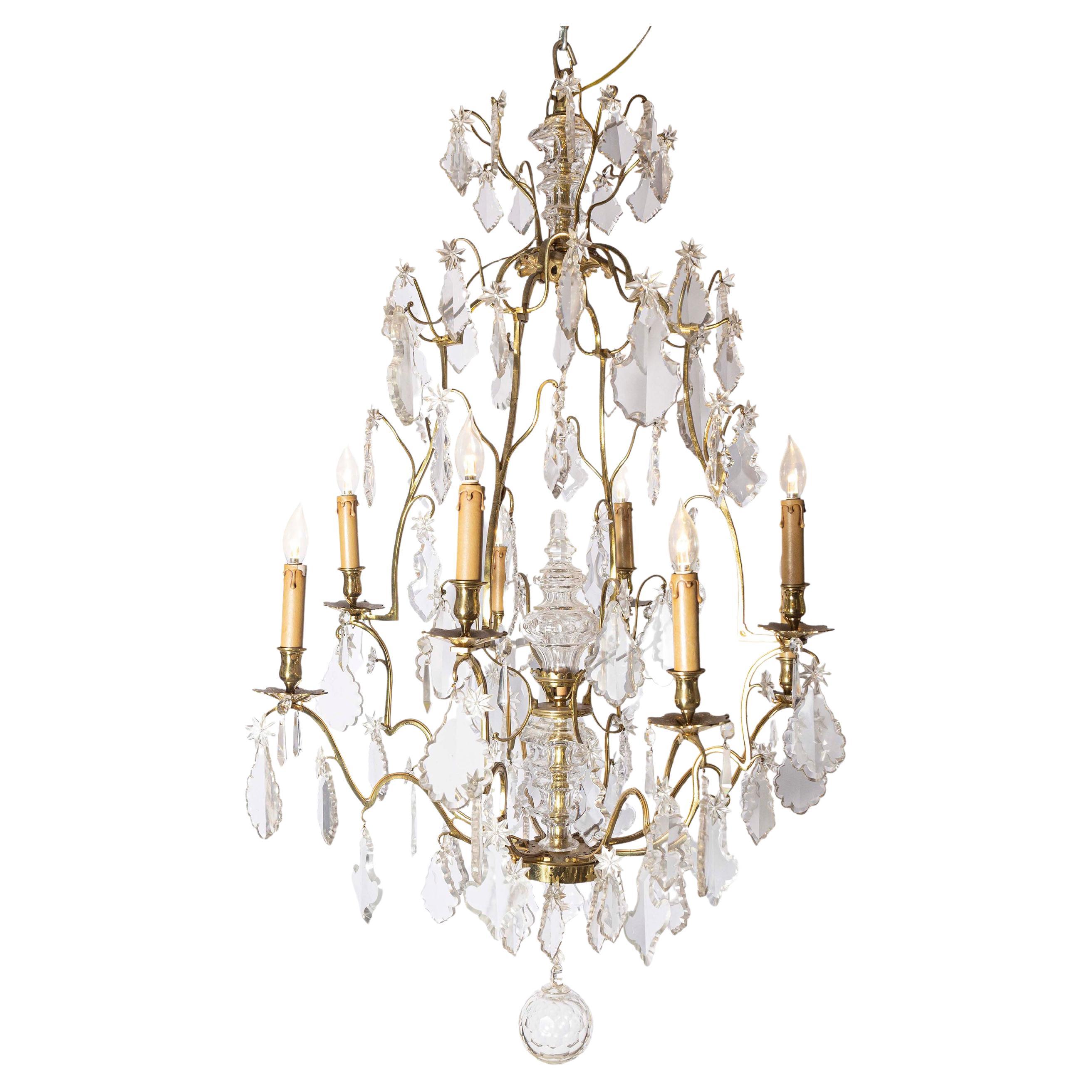 French Eight Light Crystal Chandelier with Gilt Metal Armature and Pendeloques