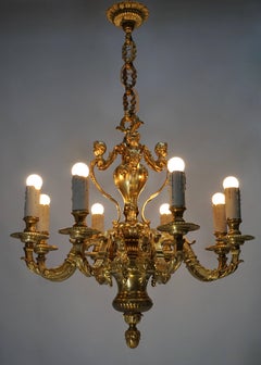 French Eight-Light Massive Bronze Mazarin Chandelier with Cherubs