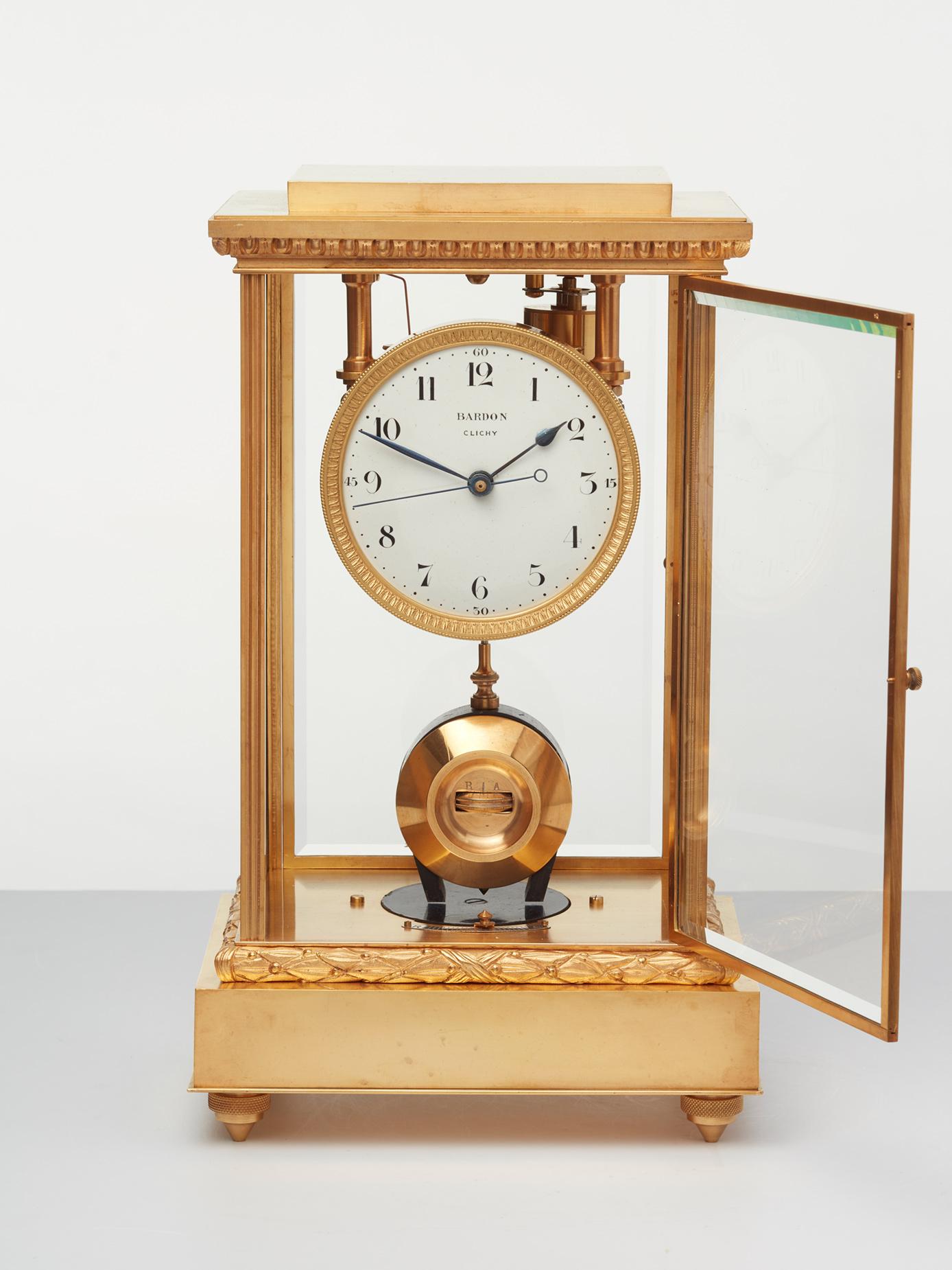 This ‘four glass’ mantel regulator is of extraordinary high quality. The luxury guilded case is quite unusual and was an additional option when the clock was ordered. The ‘central sweep-second’ hand was a superior optional extra. 

These electrical