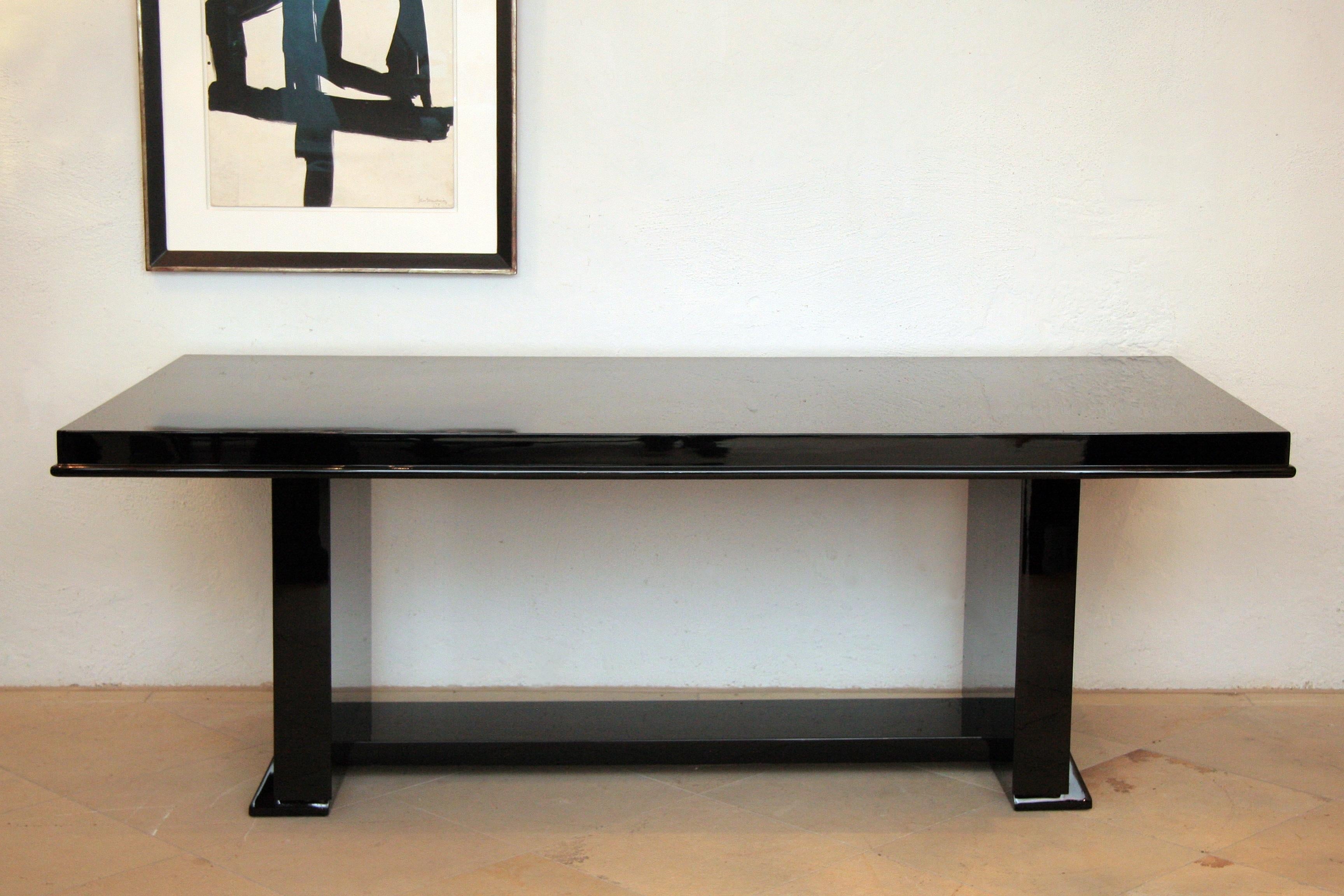 Lacquered French Cubistic Shaped Art Deco Dining Table / Desk - Black Lacquer 1930s