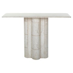 French Elegante Mid-Century Faux Bamboo Travertine Console Table 1970s