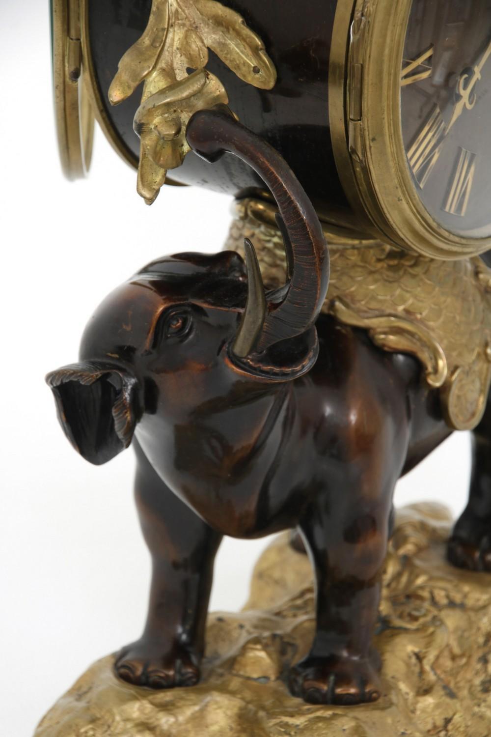 Louis XV French Elephant Form Chinoiserie Patinated and Gilt Bronze Mantel Clock