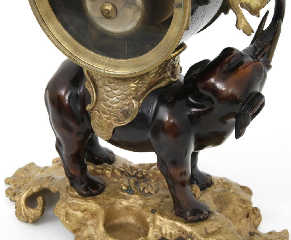 French Elephant Form Chinoiserie Patinated and Gilt Bronze Mantel Clock 1