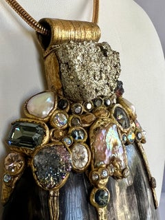 French Ella K Diamante, Blister Pearl, and Fools Gold Shell Pendant Necklace