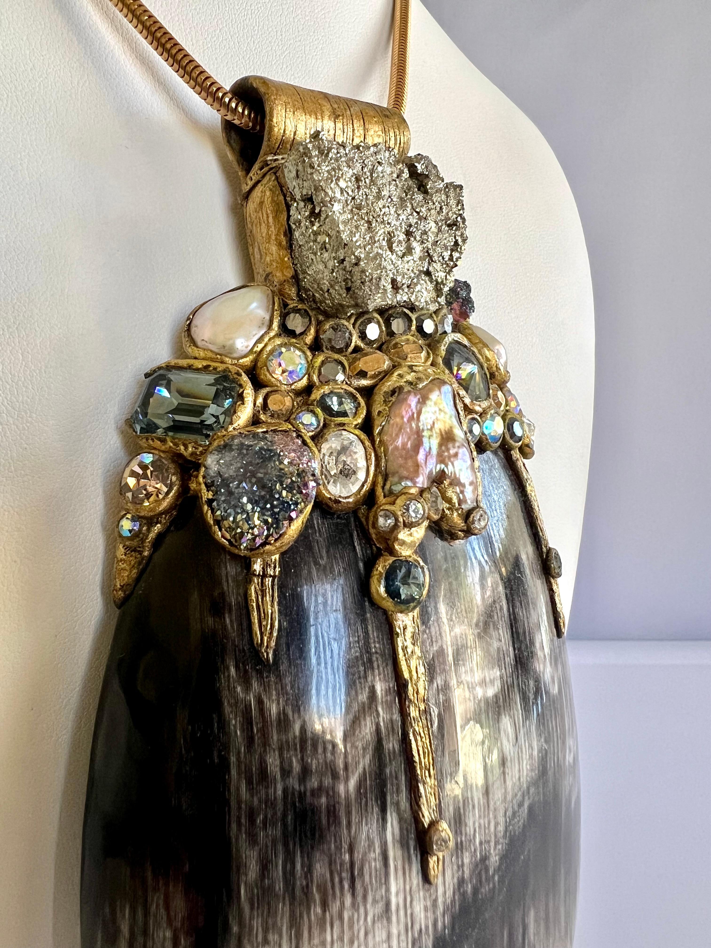 Artisan French Ella K Diamante, Blister Pearl, and Fools Gold Shell Pendant Necklace For Sale
