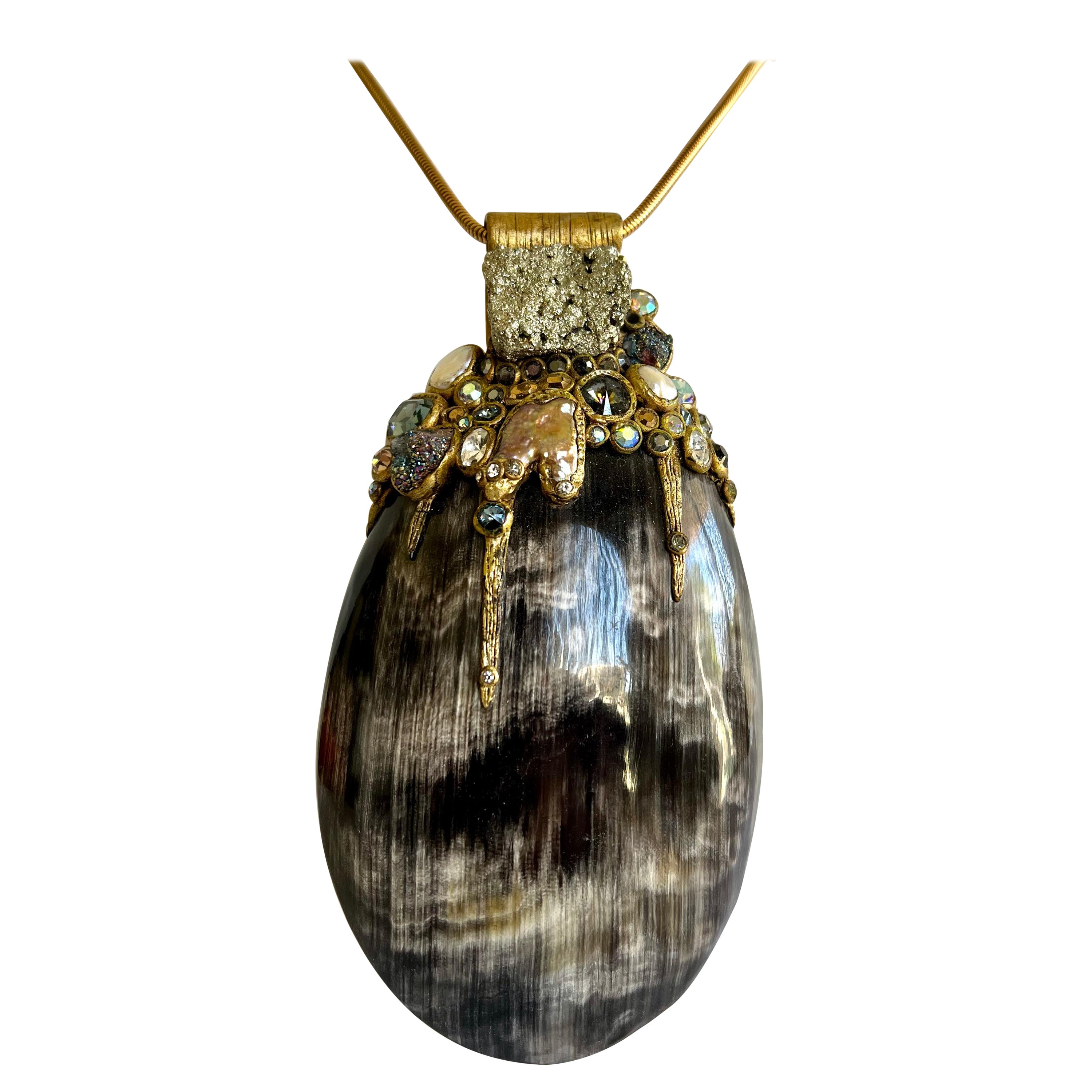 French Ella K Diamante, Blister Pearl, and Fools Gold Shell Pendant Necklace
