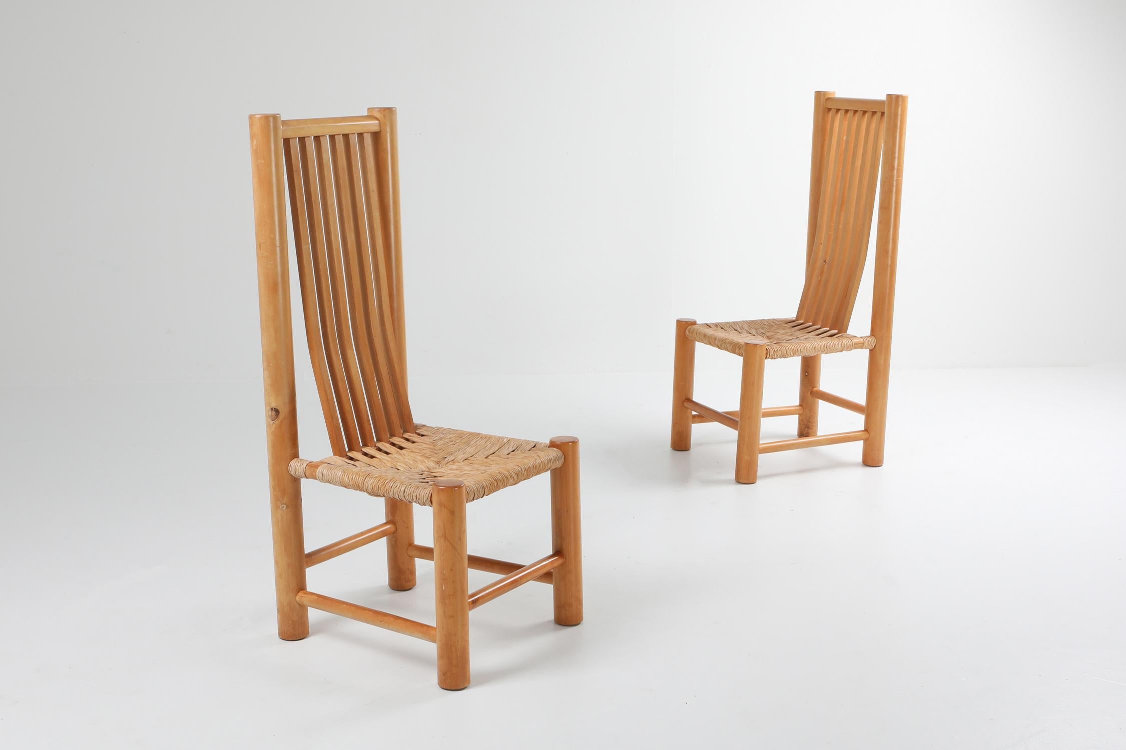 Pierre Chapo style, Mid-Century Modern high back chairs, French elm, France, 1960s.
Naturalist set of eight dining chairs with a woven cord seating.
Also from the same original house we have a daybed, desk, side tables and coffee table