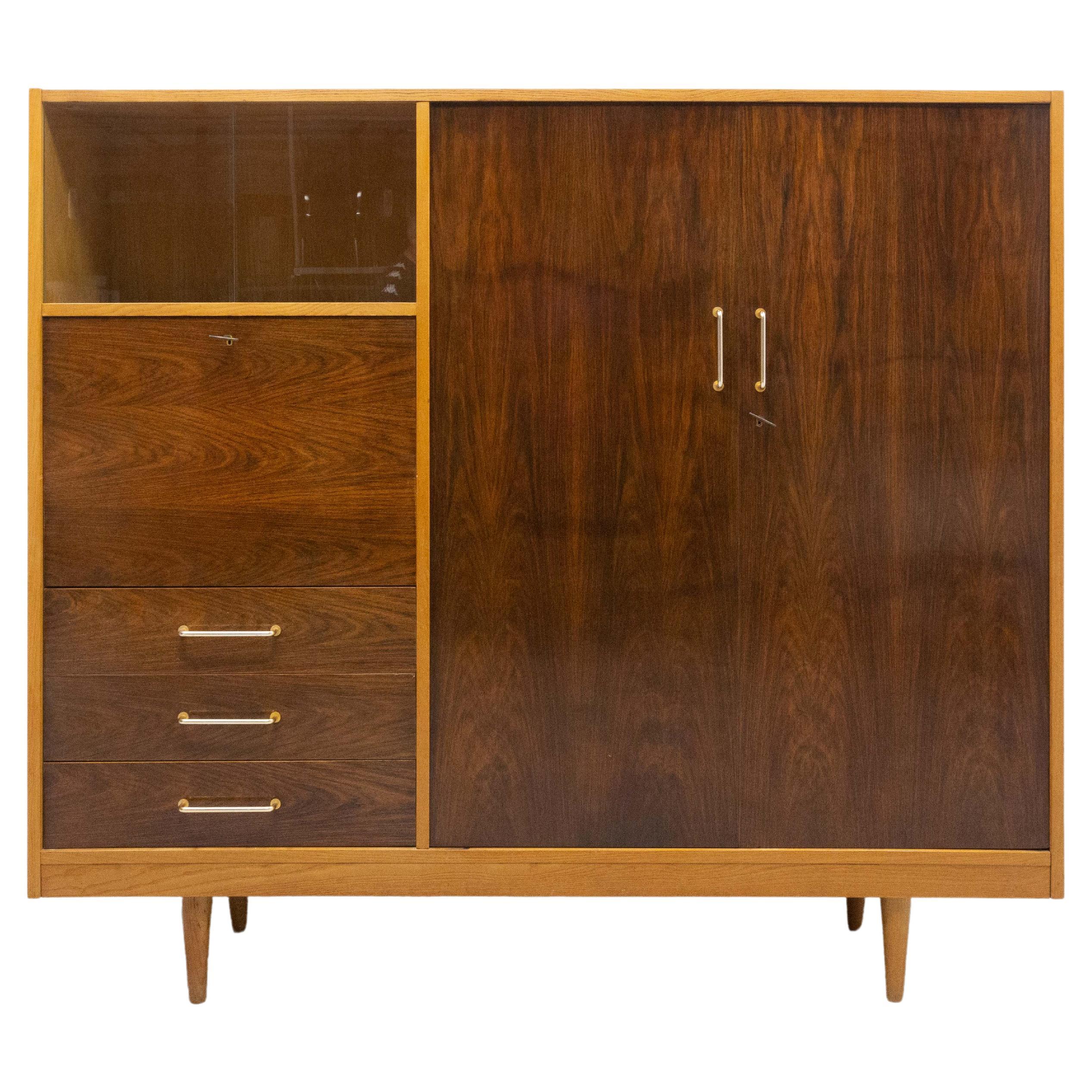 French Elm and Walnut Armoire Two Doors Wardrobe Desk and Vitrine, circa 1960