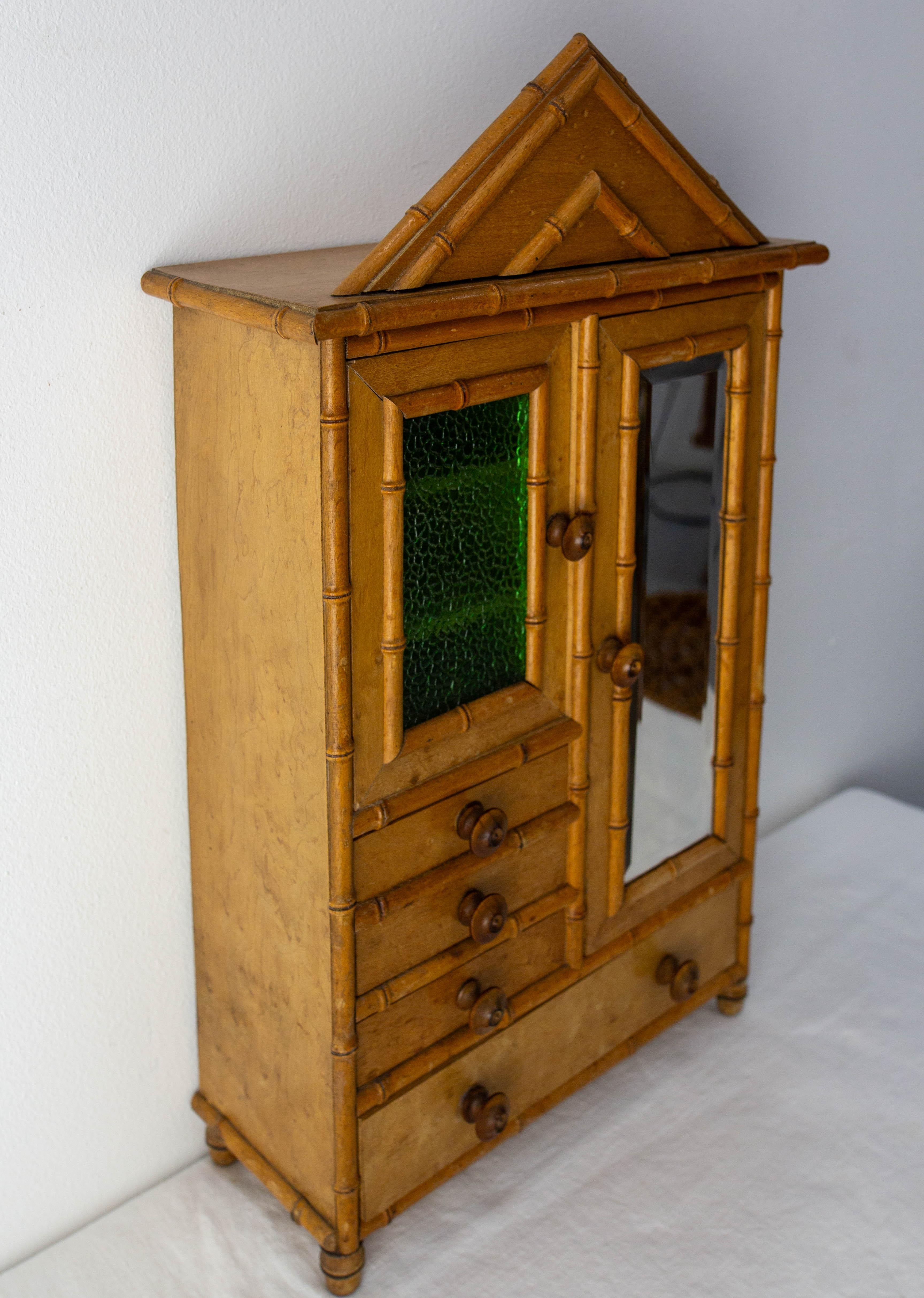 French Elm Burl & Beveled Mirror Doll Wardrobe Bamboo Children Toy, circa 1900 In Fair Condition For Sale In Labrit, Landes