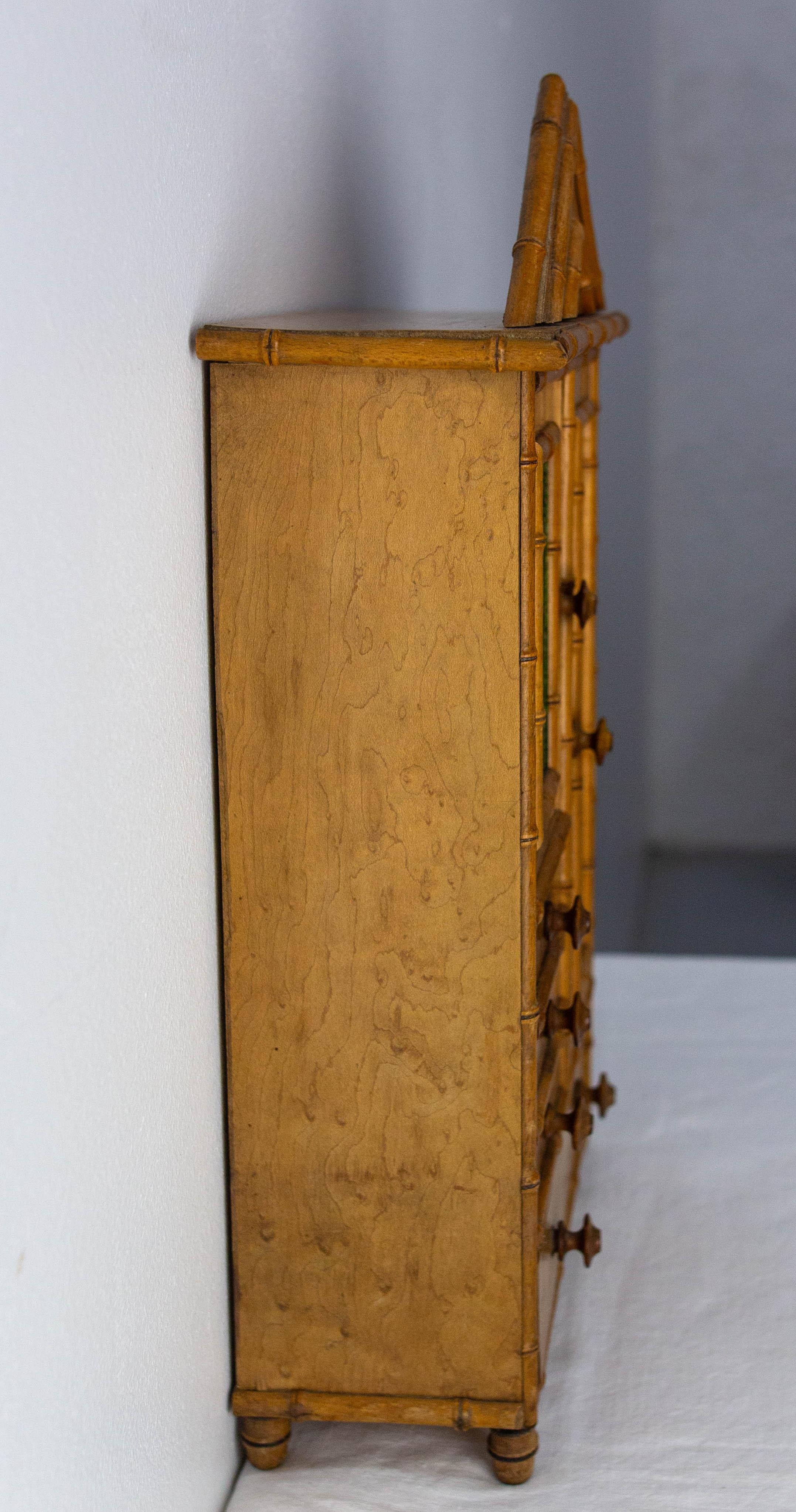 20th Century French Elm Burl & Beveled Mirror Doll Wardrobe Bamboo Children Toy, circa 1900 For Sale