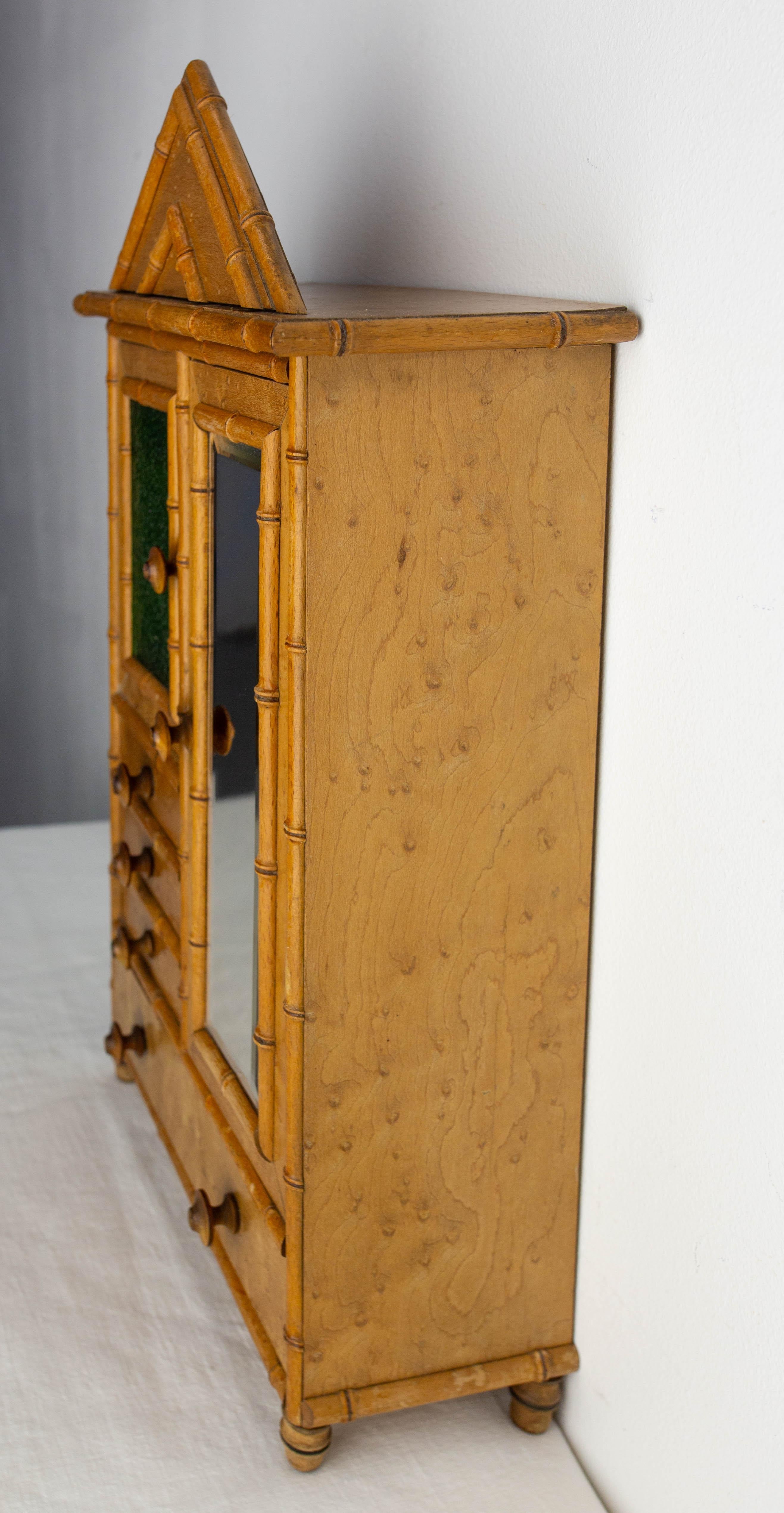 French Elm Burl & Beveled Mirror Doll Wardrobe Bamboo Children Toy, circa 1900 For Sale 1