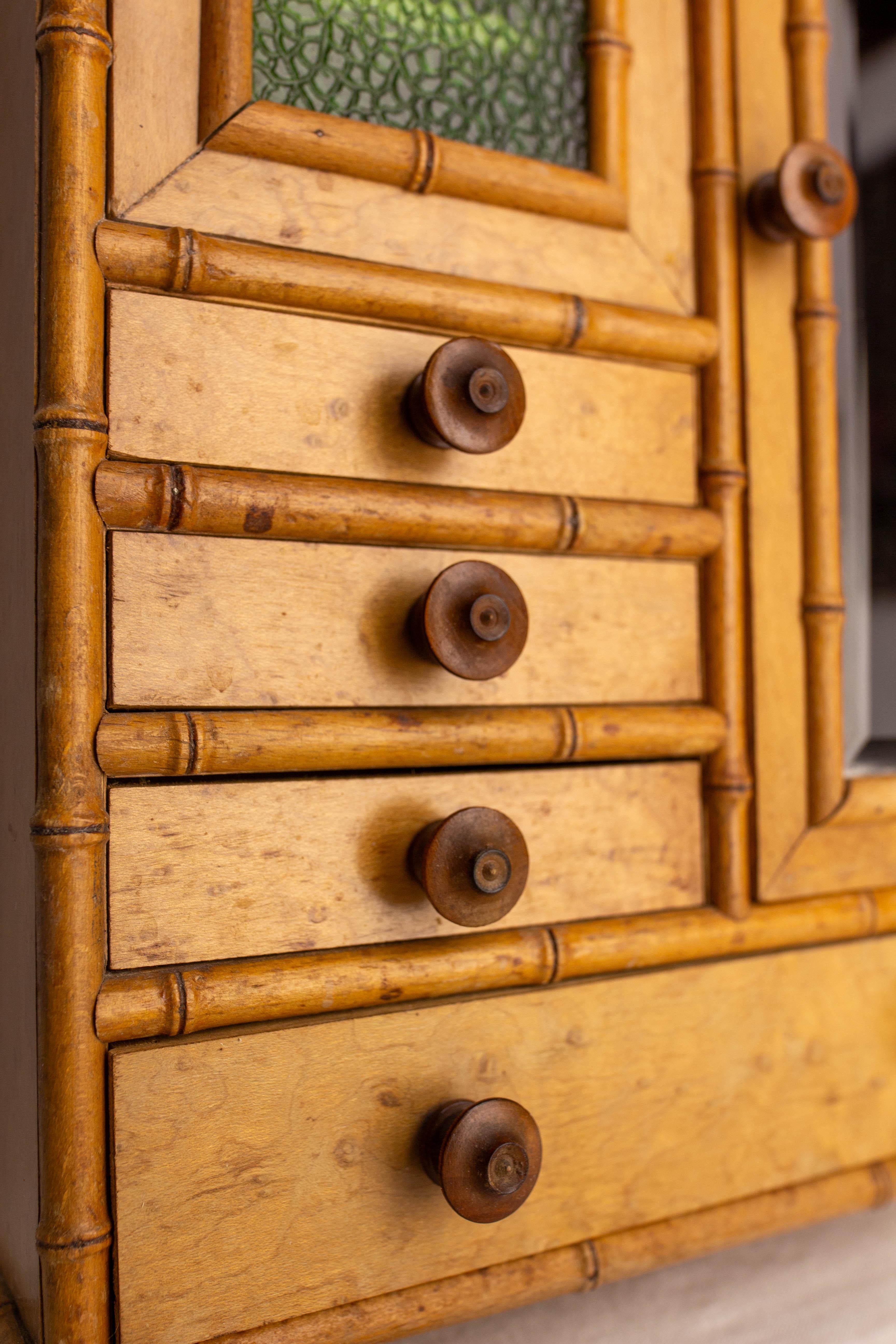 French Elm Burl & Beveled Mirror Doll Wardrobe Bamboo Children Toy, circa 1900 For Sale 3