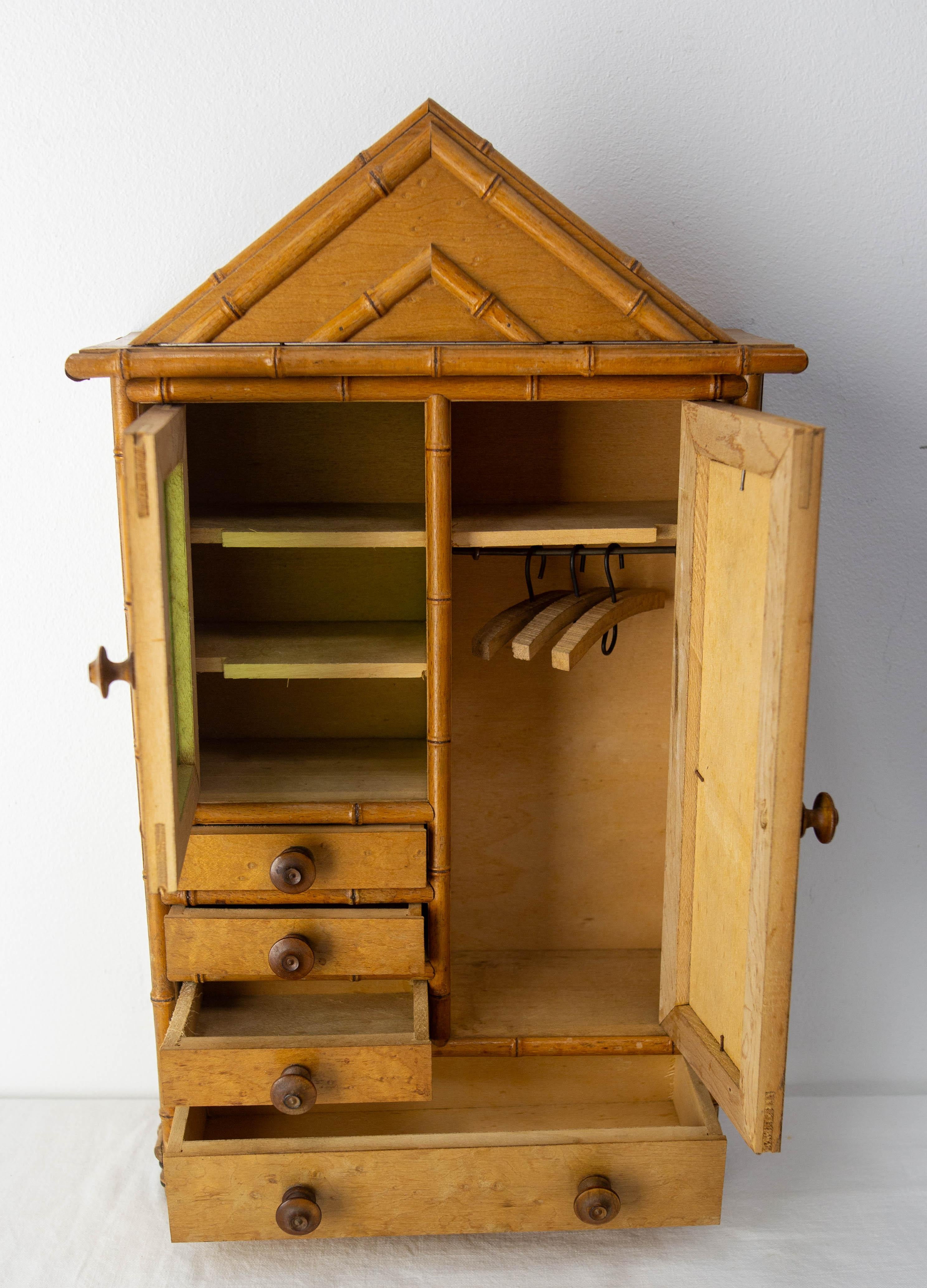 French Elm Burl & Beveled Mirror Doll Wardrobe Bamboo Children Toy, circa 1900 For Sale 4