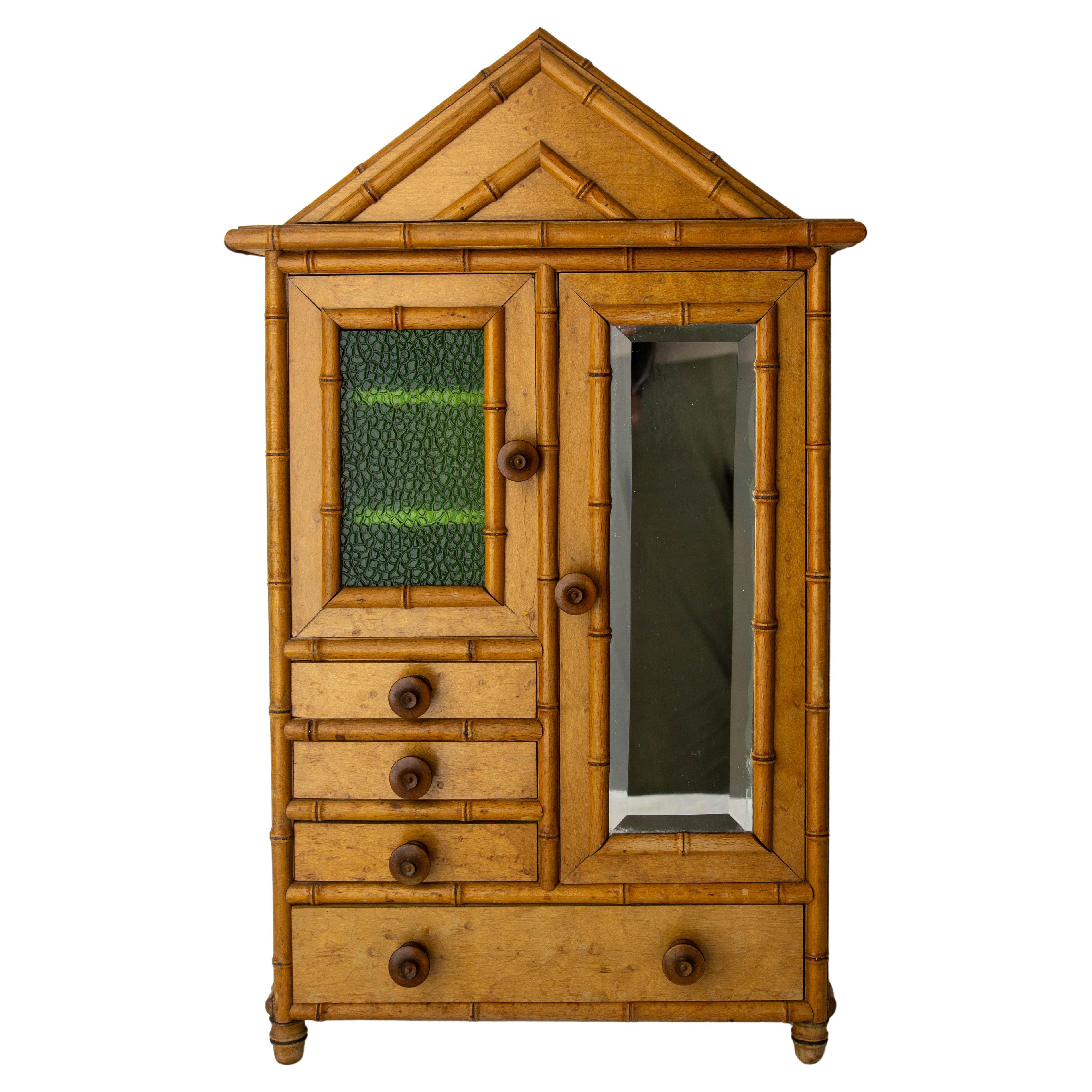 French Elm Burl & Beveled Mirror Doll Wardrobe Bamboo Children Toy, circa 1900
