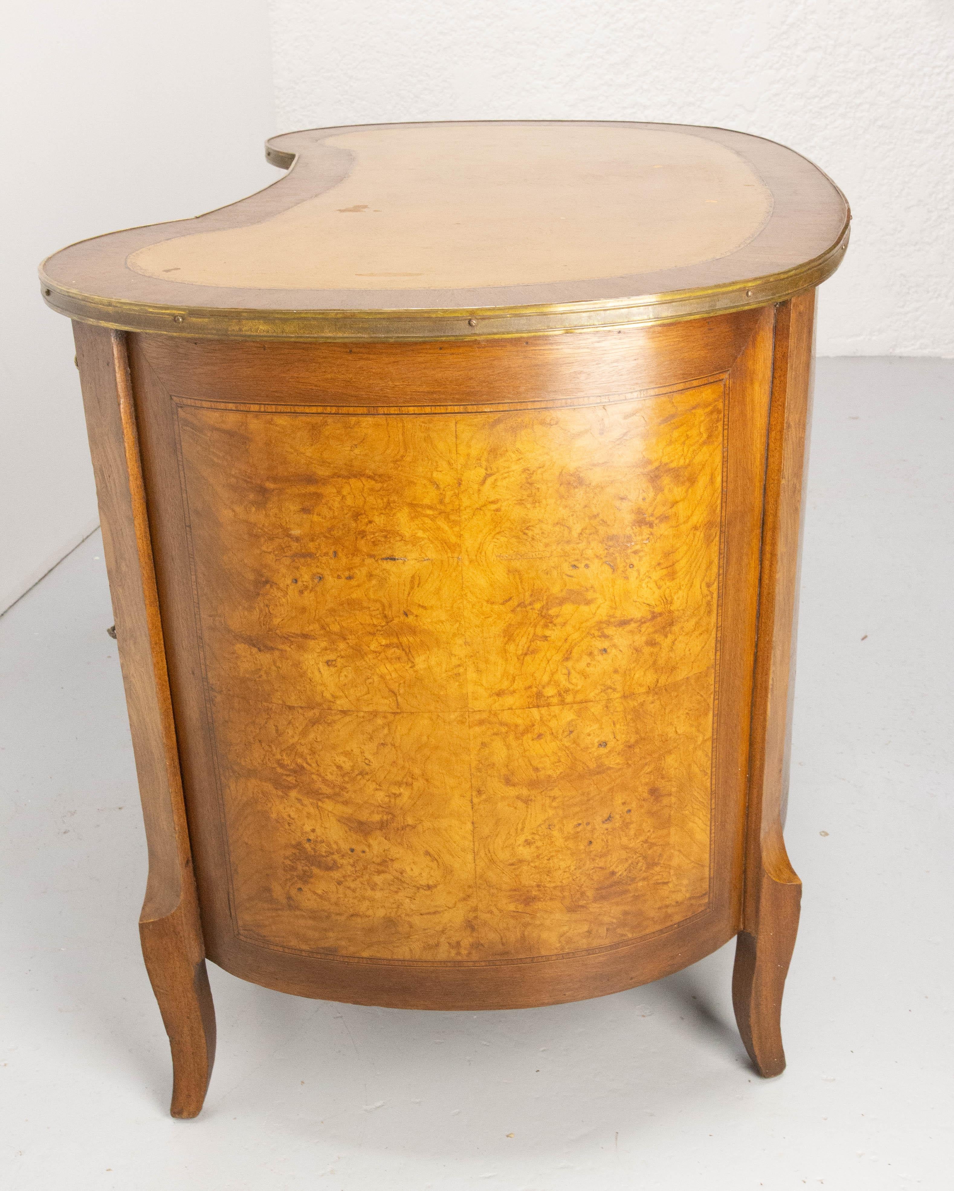 Mid-20th Century French Elm Burl Brass & Coated Fabric Desk Kidney Shape Louis XV Style c. 1960 For Sale
