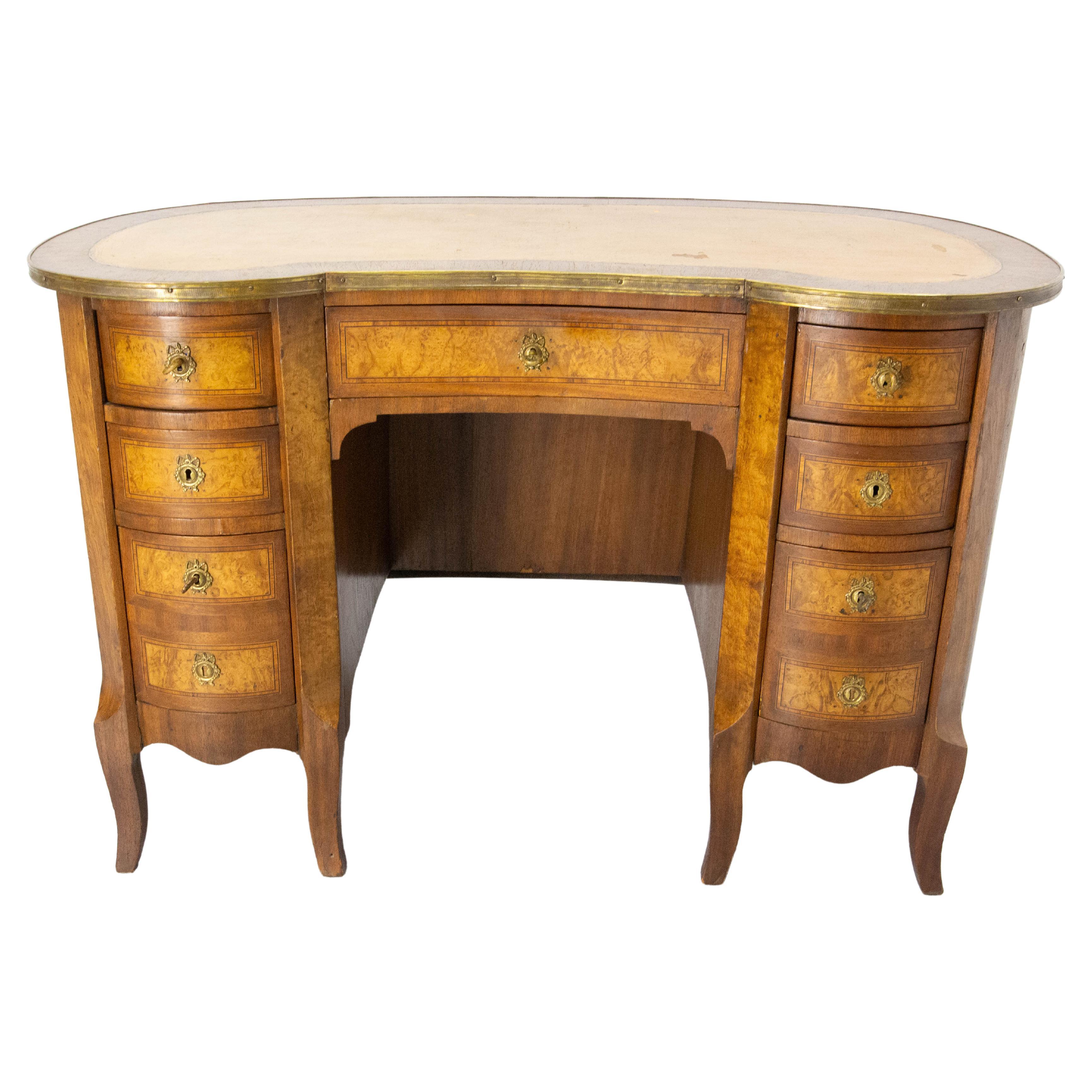 French Elm Burl Brass & Coated Fabric Desk Kidney Shape Louis XV Style c. 1960