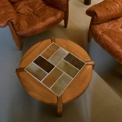 French Elm + Ceramic Round Coffee Table by Maison Regain, 1960s