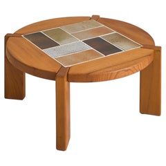 French Elm + Ceramic Round Coffee Table by Maison Regain, 1960s