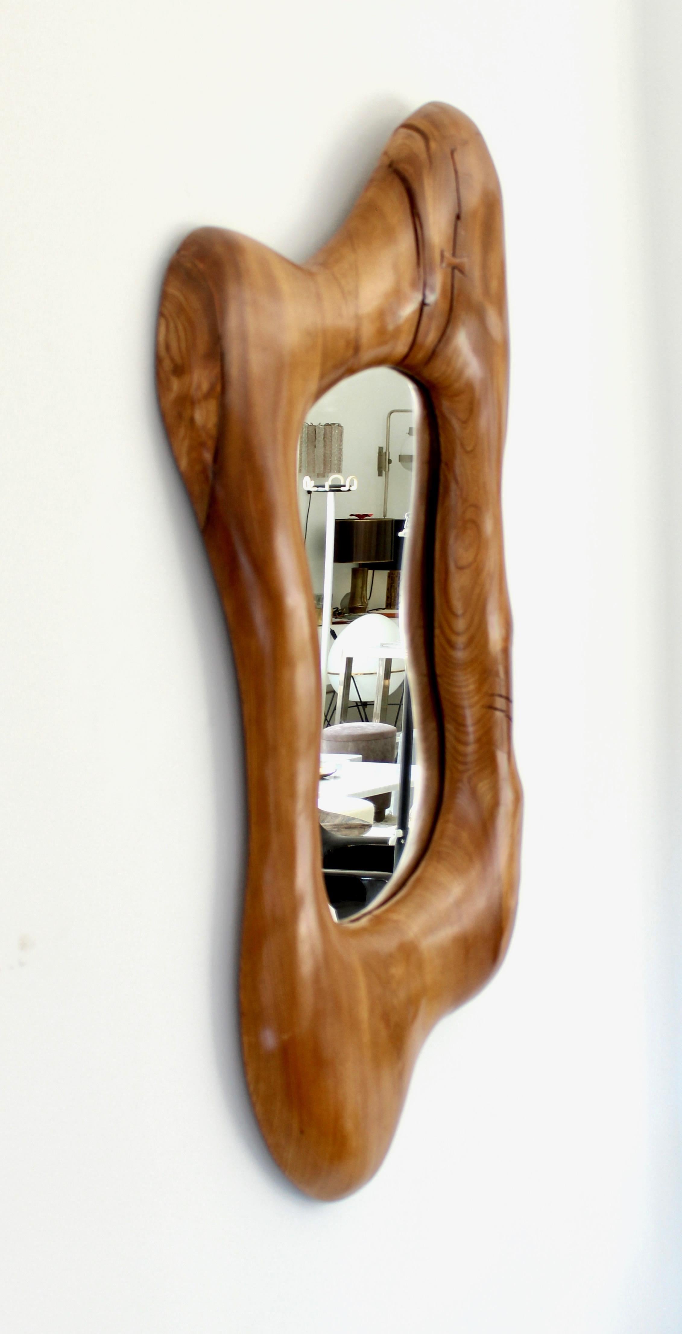 Hand-Carved French Elmwood Wall Mirror in a Large Organic Modern Hand Carved Form