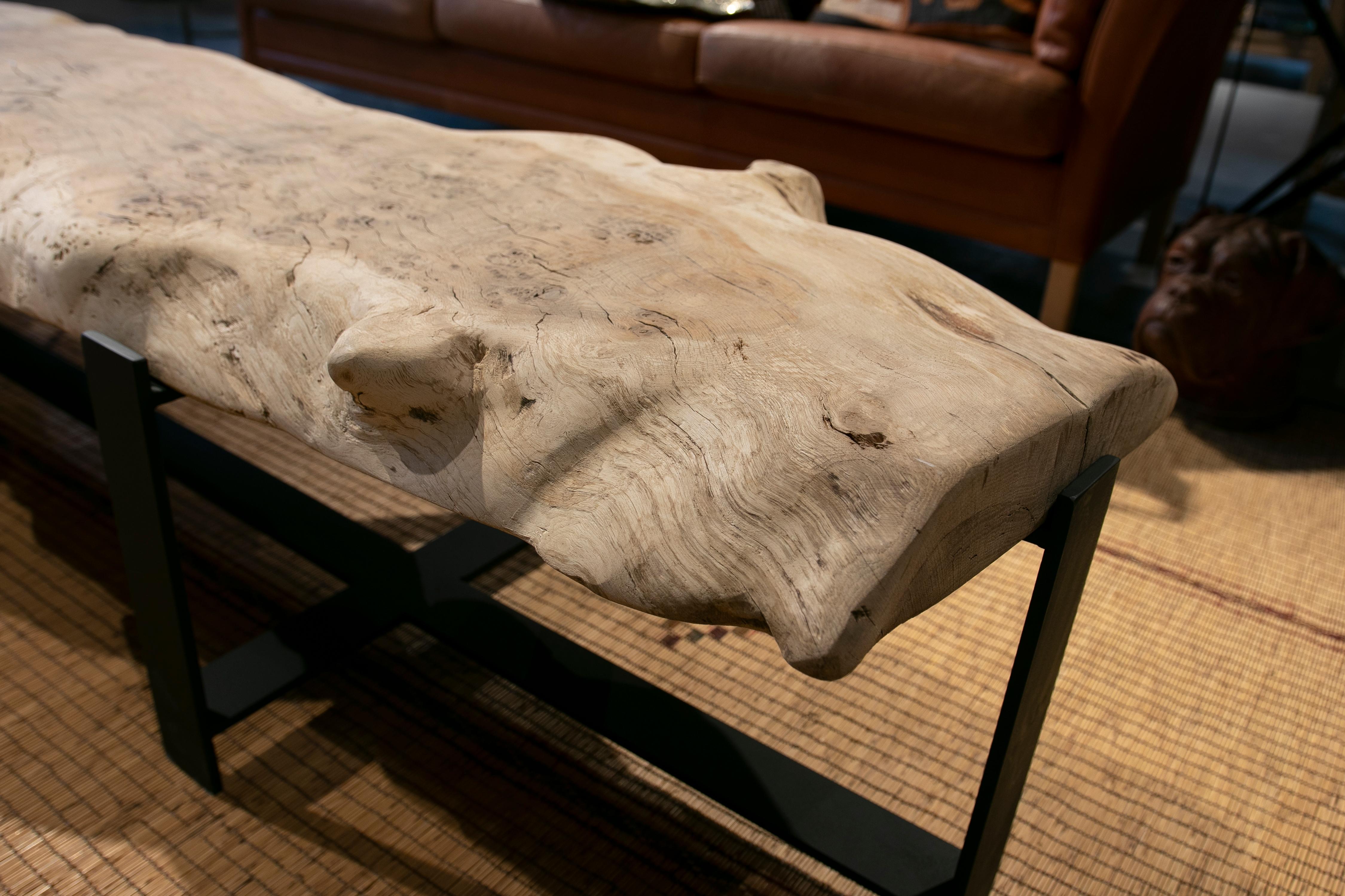 French Elongated Coffee Table with Antique Oak Top and Iron Base 7