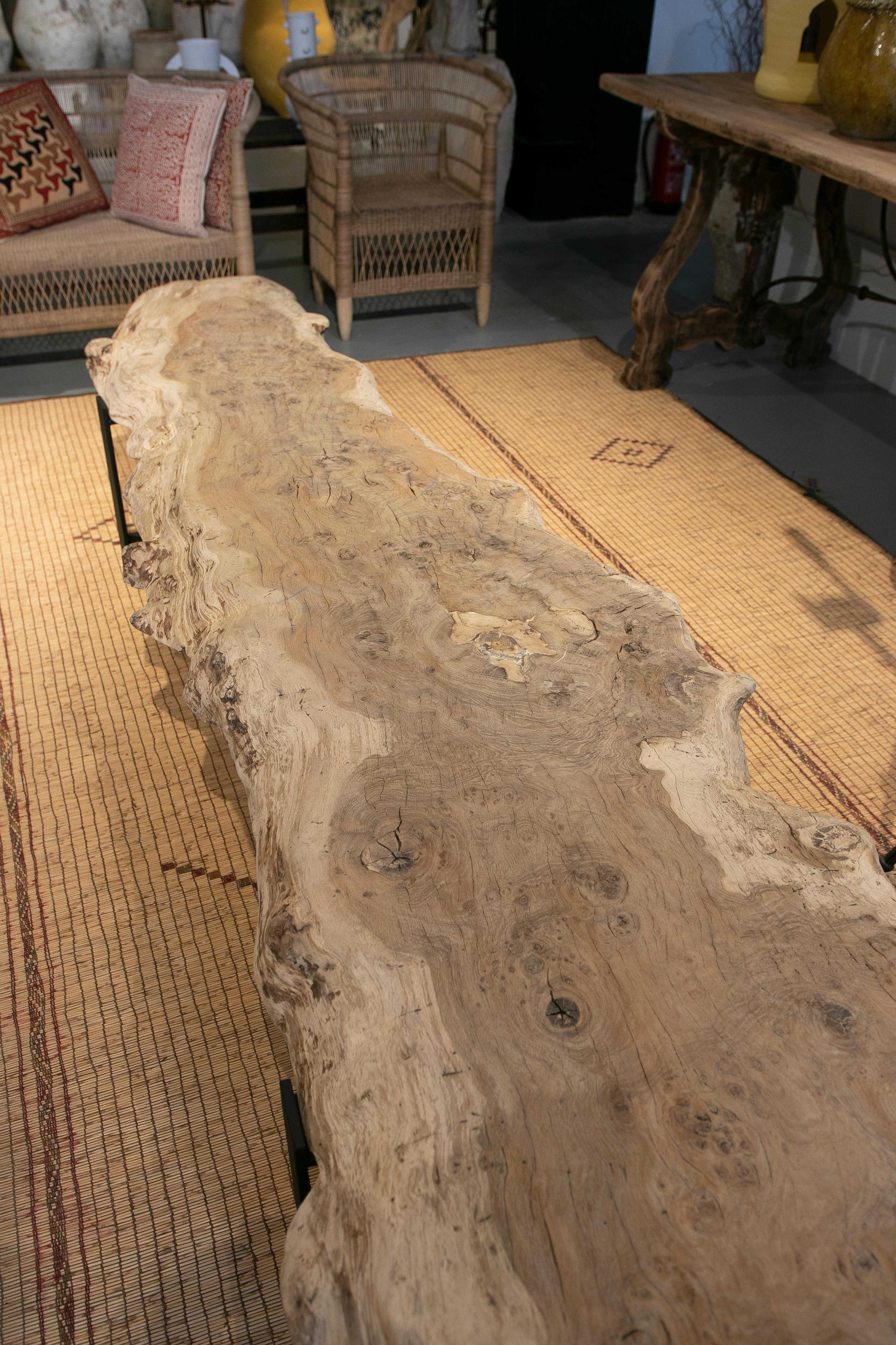 French Elongated Coffee Table with Antique Oak Top and Iron Base 13