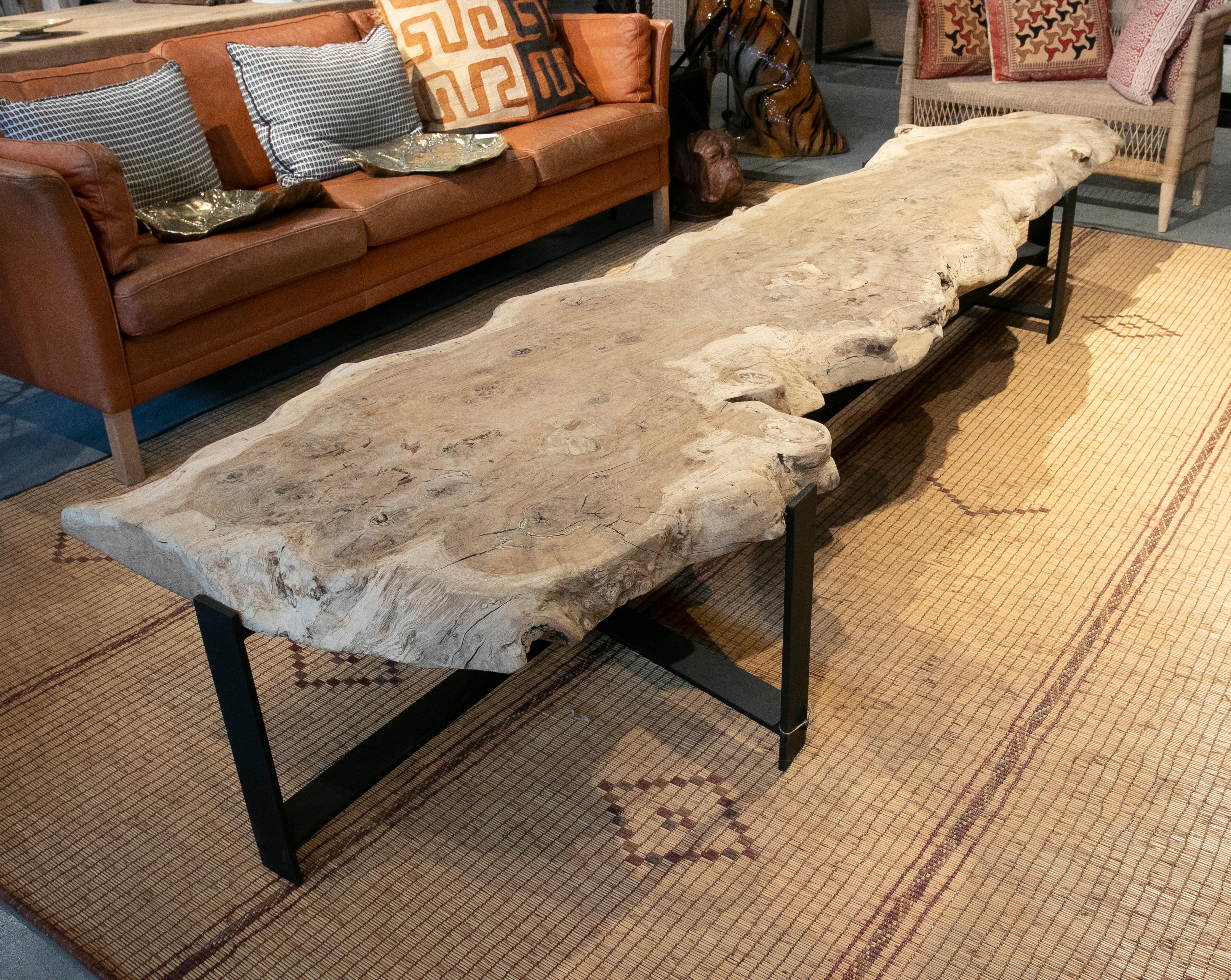 Spanish French Elongated Coffee Table with Antique Oak Top and Iron Base