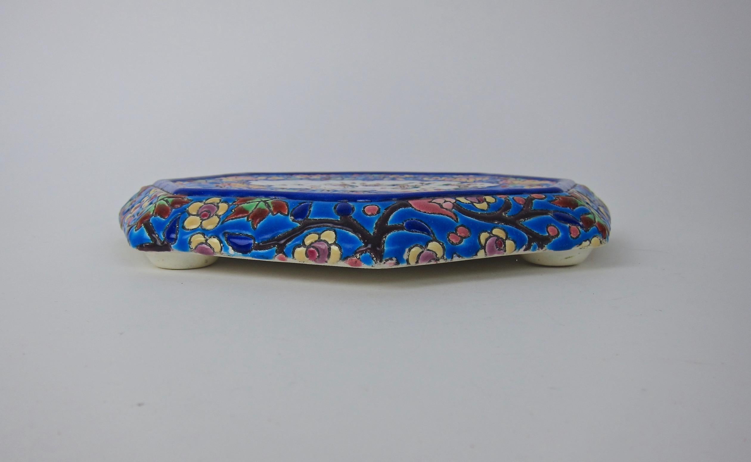 Vintage-Ständer oder Trivet mit Chinoiserie-Vogel-Dekor, Emaux de Longwy 3