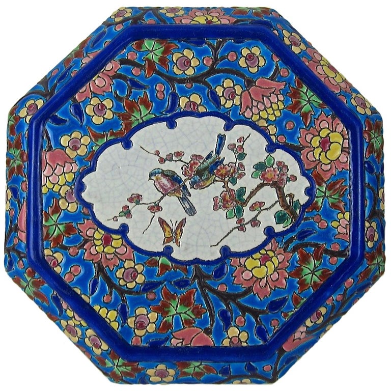French Emaux de Longwy Vintage Stand or Trivet with Chinoiserie Bird Decor For Sale