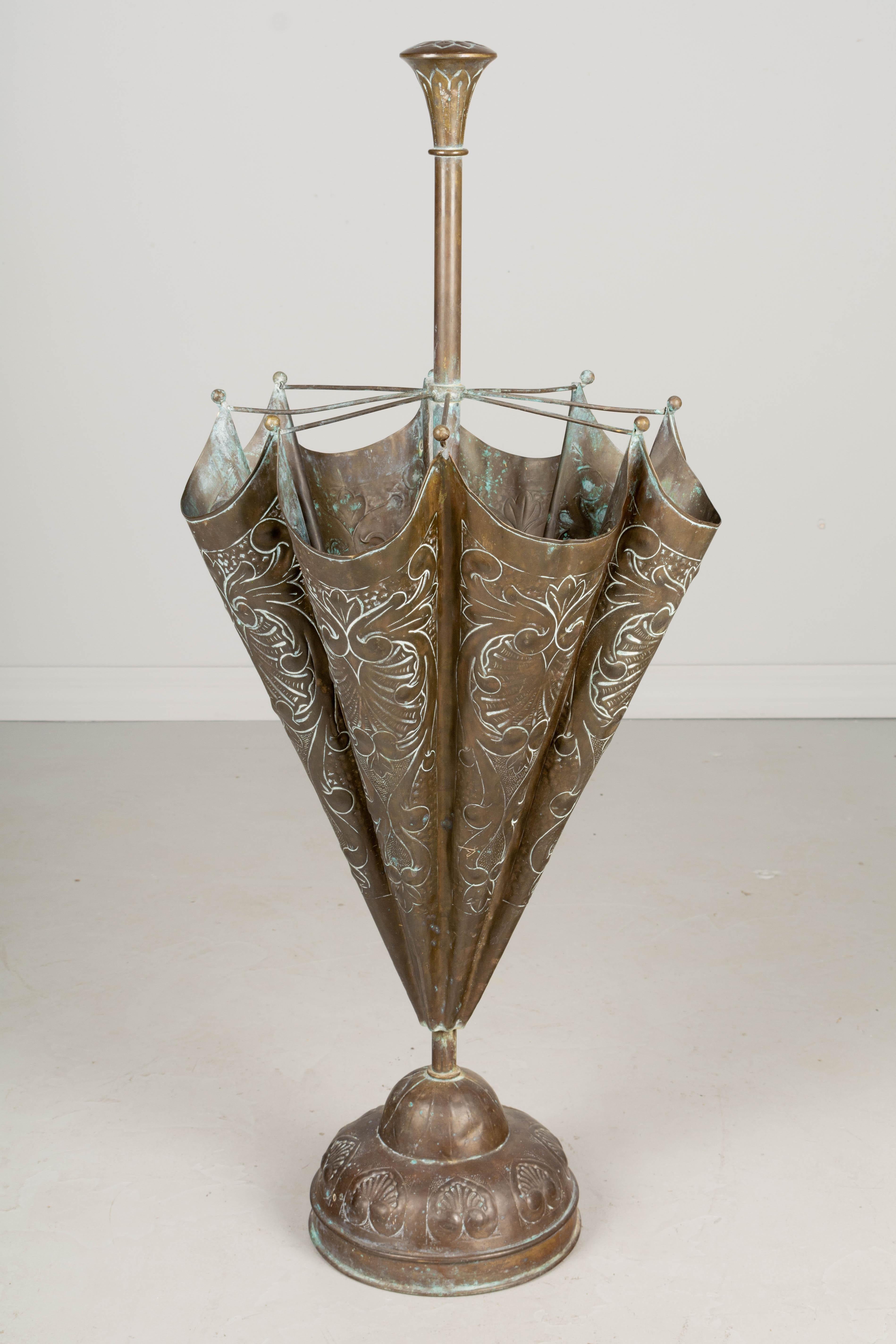 Belle Époque French Embossed Brass Umbrella Stand For Sale
