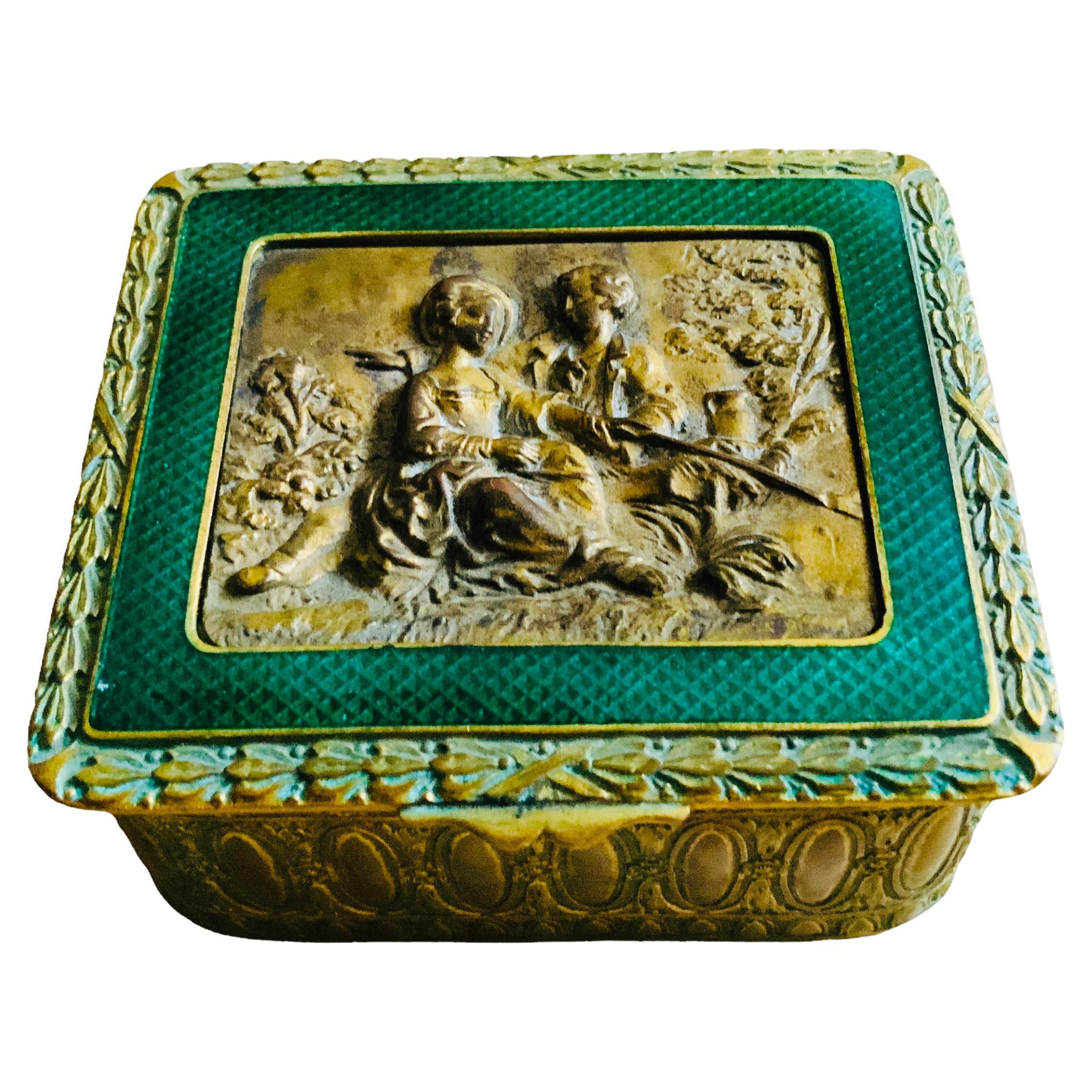 French Embossed Bronze Small Squared Trinket/ Jewelry Box For Sale