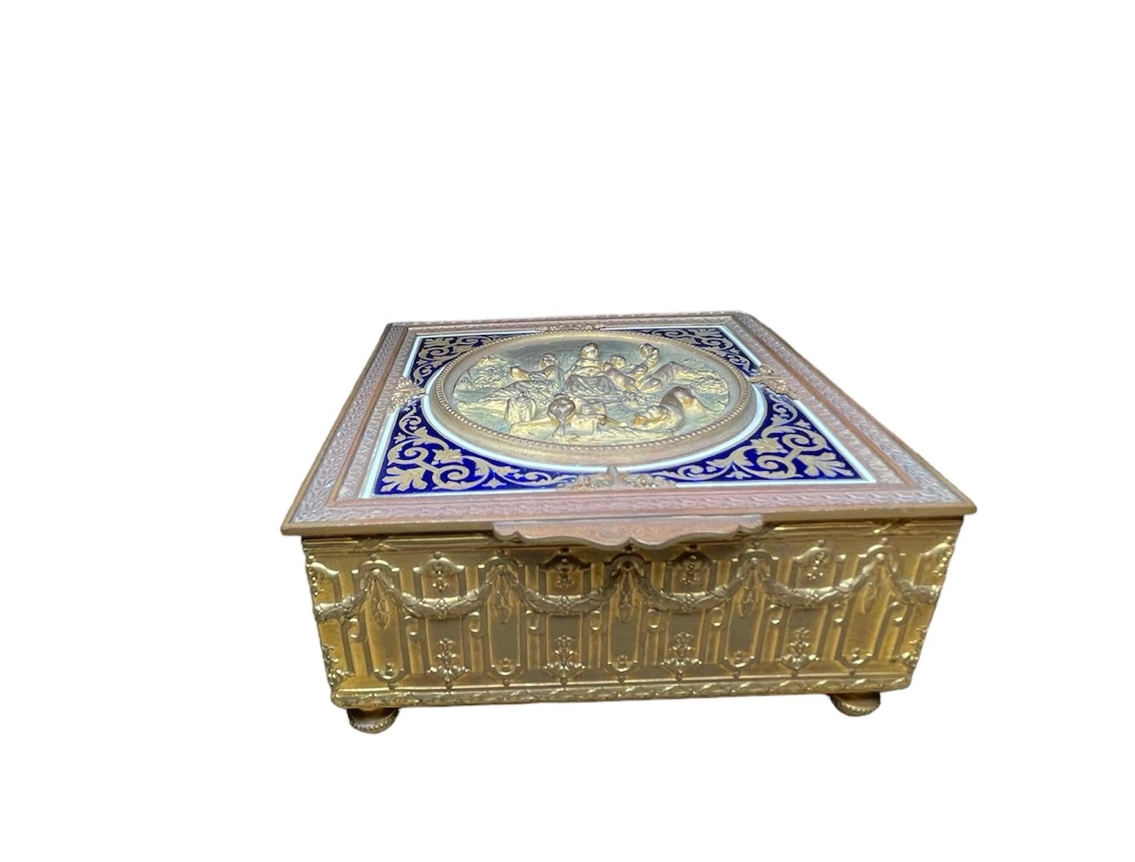 20th Century French Embossed Bronze Squared Trinket/ Jewelry Box For Sale