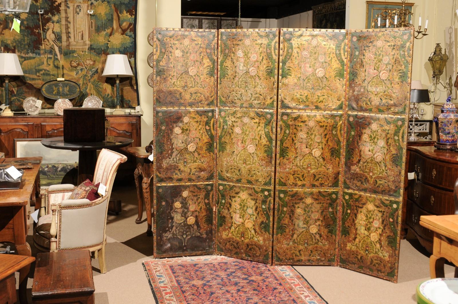 French Embossed Leather Floral Design 4-Panel Screen, 18th Century In Good Condition In Atlanta, GA