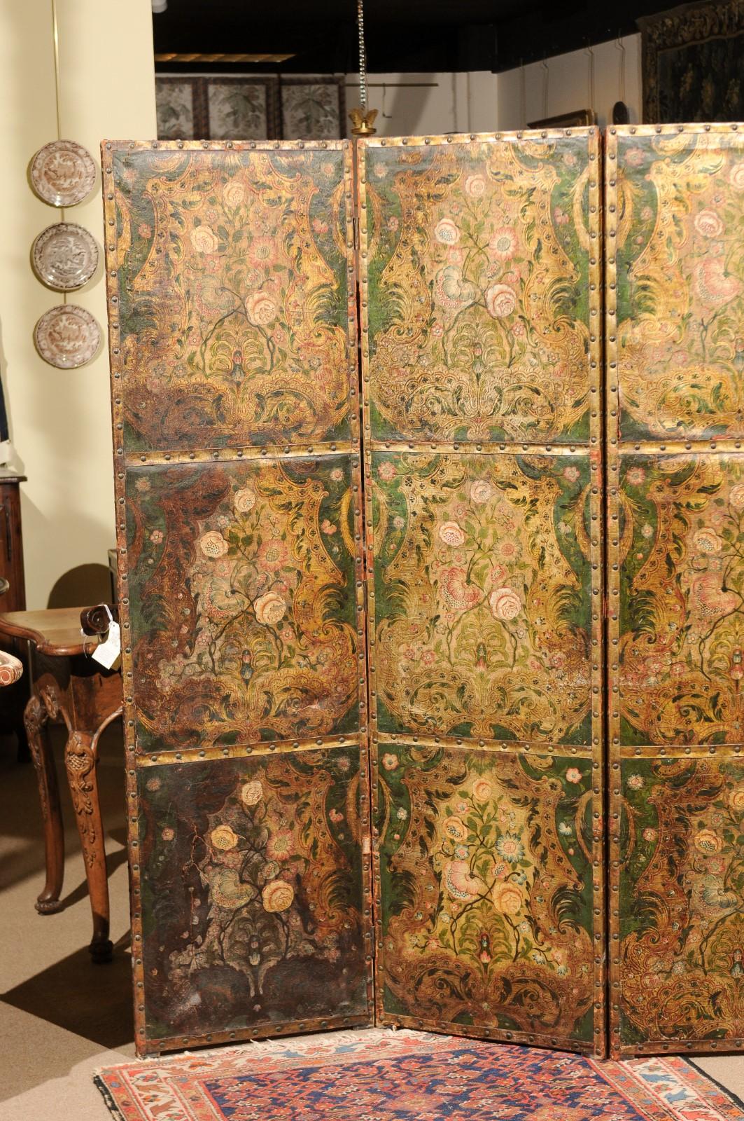 18th Century and Earlier French Embossed Leather Floral Design 4-Panel Screen, 18th Century
