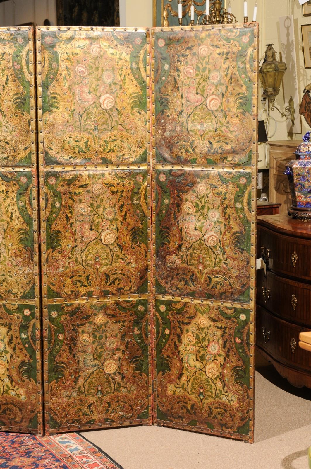 Wood French Embossed Leather Floral Design 4-Panel Screen, 18th Century