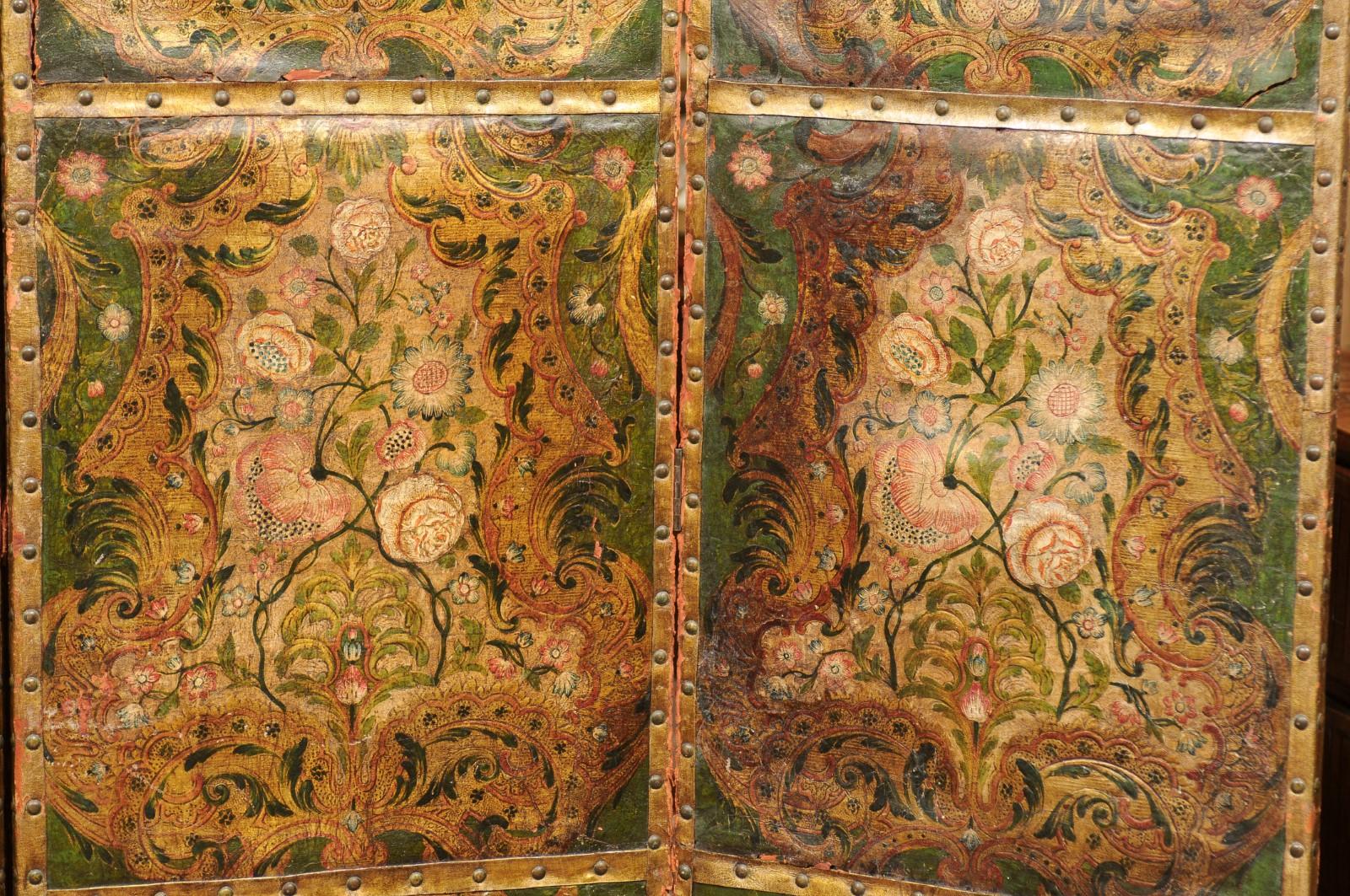 French Embossed Leather Floral Design 4-Panel Screen, 18th Century 1