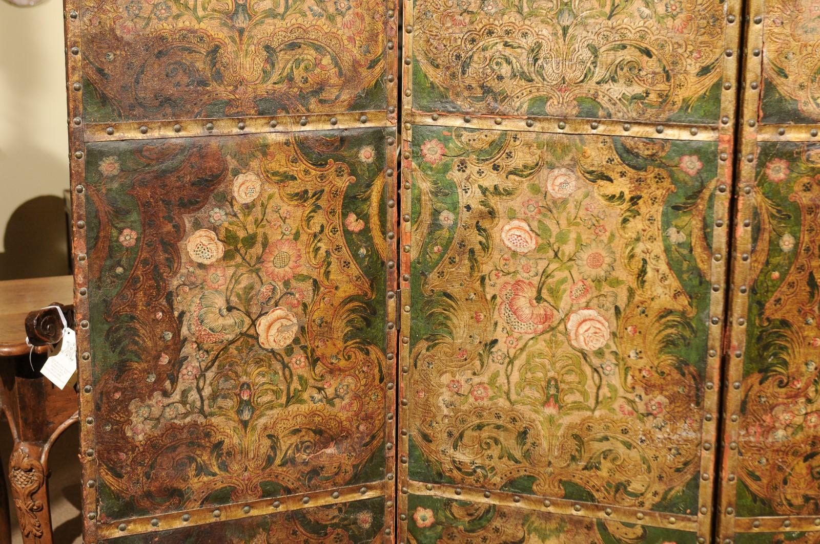 French Embossed Leather Floral Design 4-Panel Screen, 18th Century 2