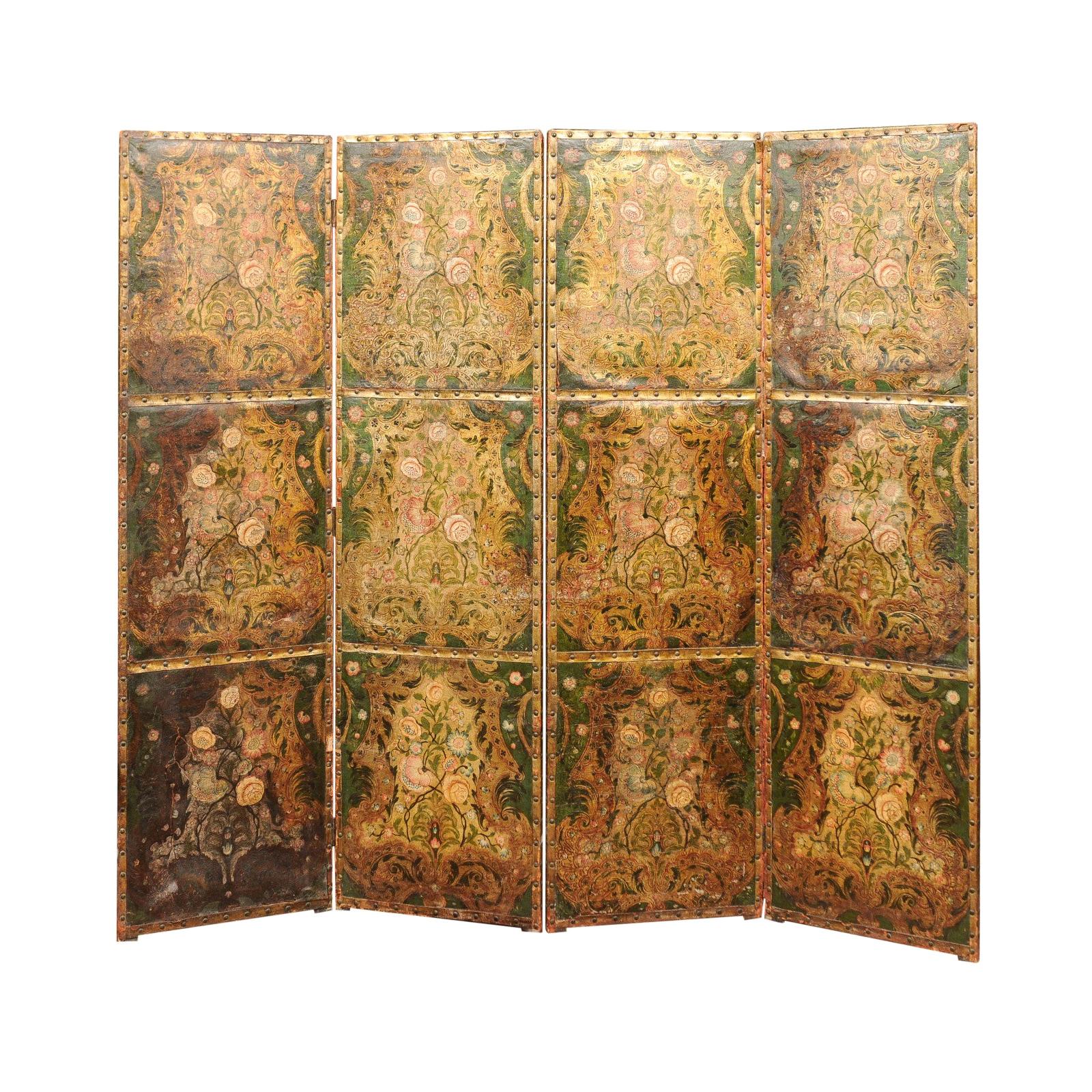 French Embossed Leather Floral Design 4-Panel Screen, 18th Century
