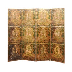 Antique French Embossed Leather Floral Design 4-Panel Screen, 18th Century