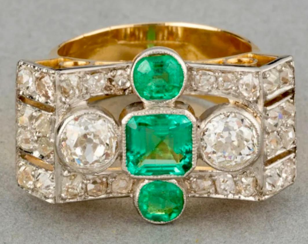 Retro French Emerald and Diamond Tank Ring For Sale