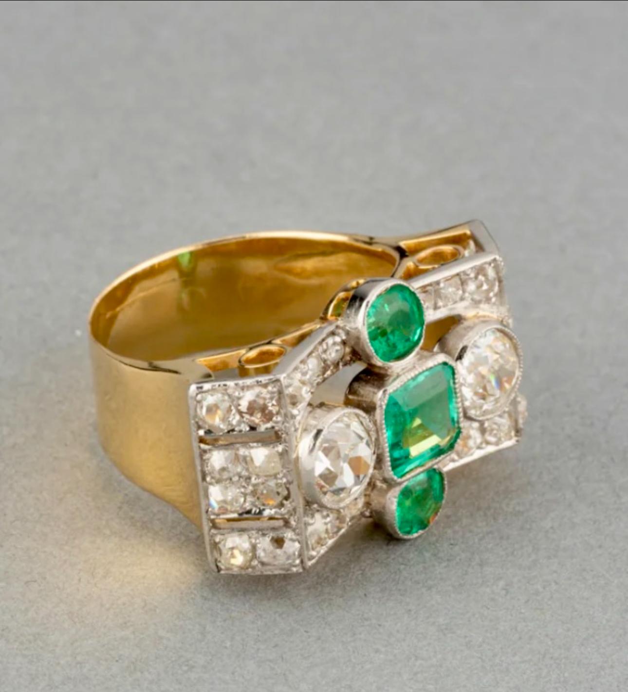 Mixed Cut French Emerald and Diamond Tank Ring For Sale