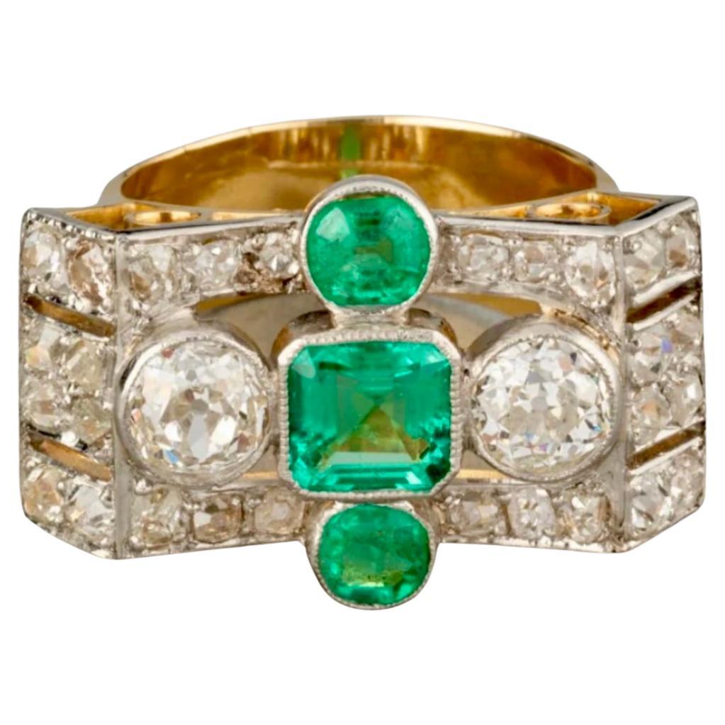 French Emerald and Diamond Tank Ring For Sale
