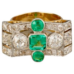 French Emerald and Diamond Tank Ring