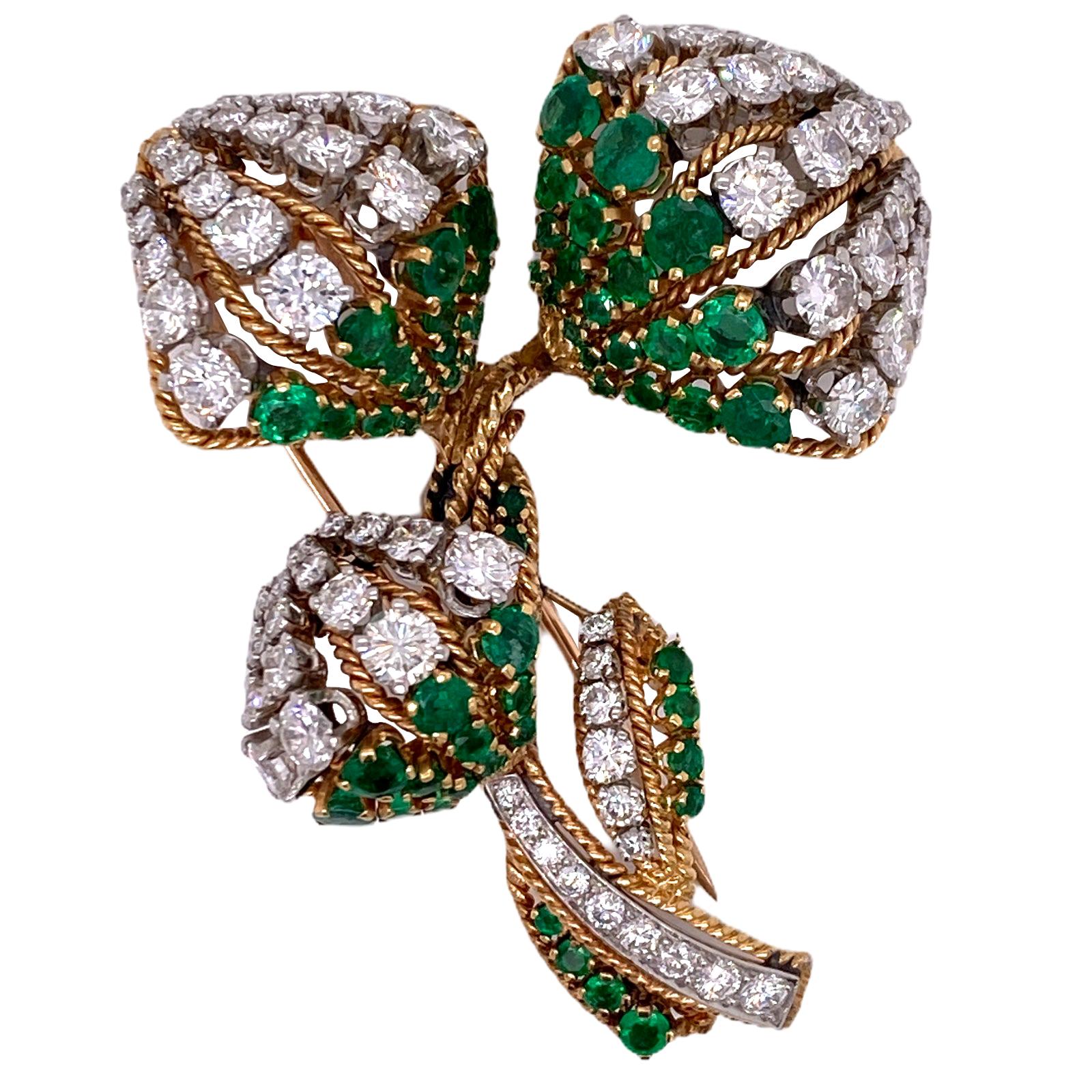 French Emerald Diamond Floral 18 Karat Yellow Gold Platinum Vintage Brooch