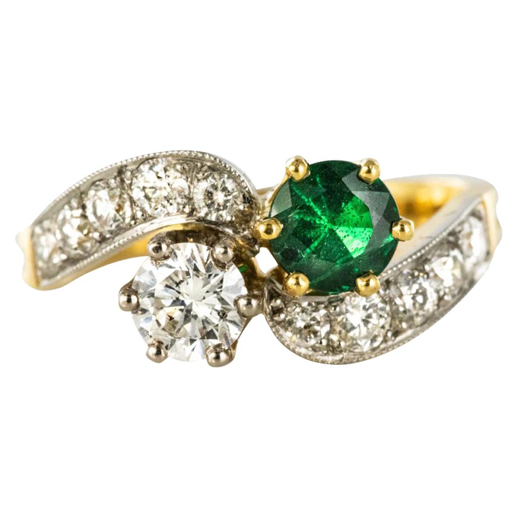 French Emerald Diamond Gold Toi et Moi Engagement Ring