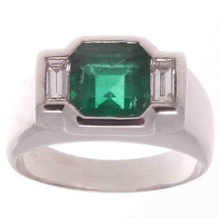 French Emerald Diamond Platinum Ring